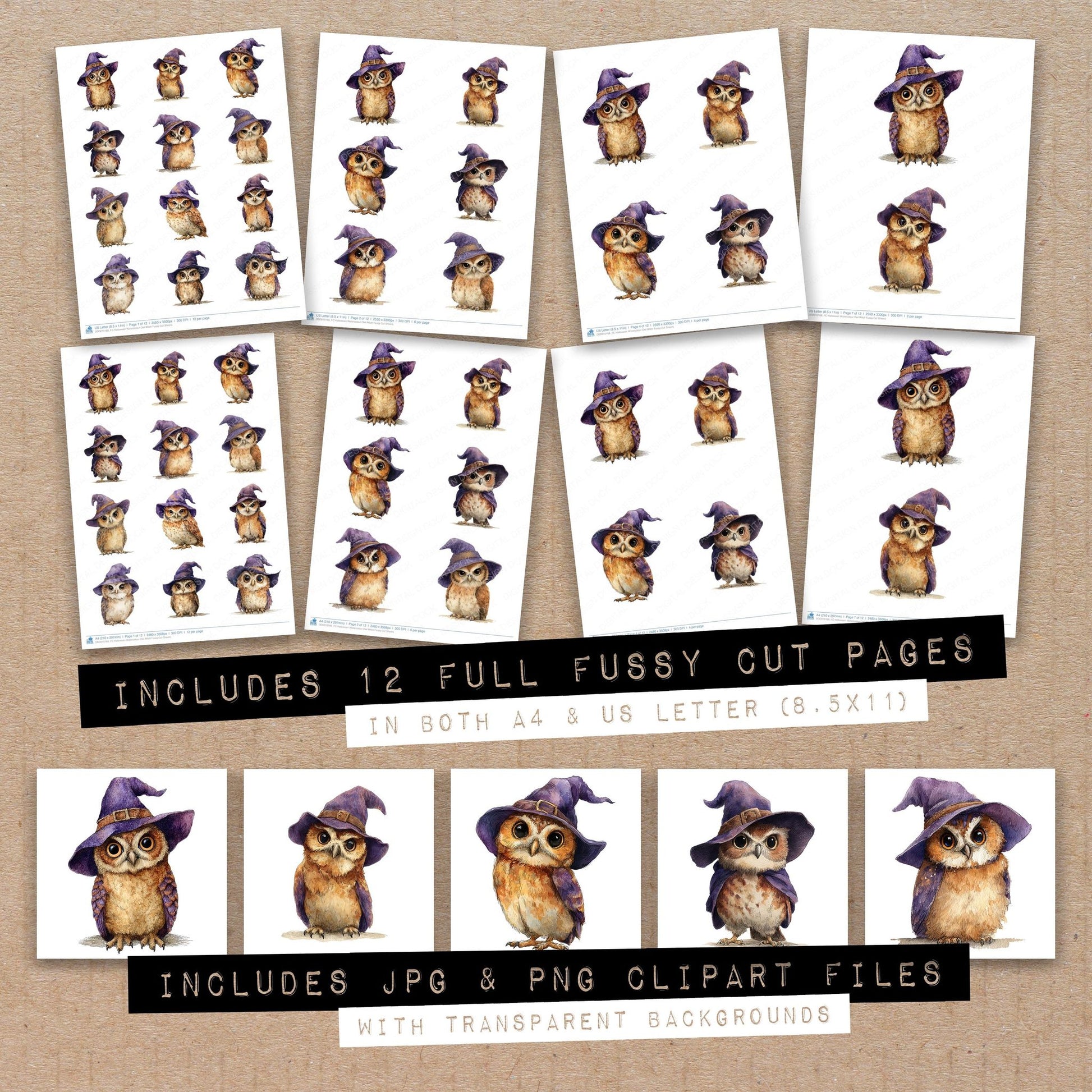 Full collection view of Halloween Watercolour Owl Witch fussy cut sheets with bonus clipart JPG and PNG files