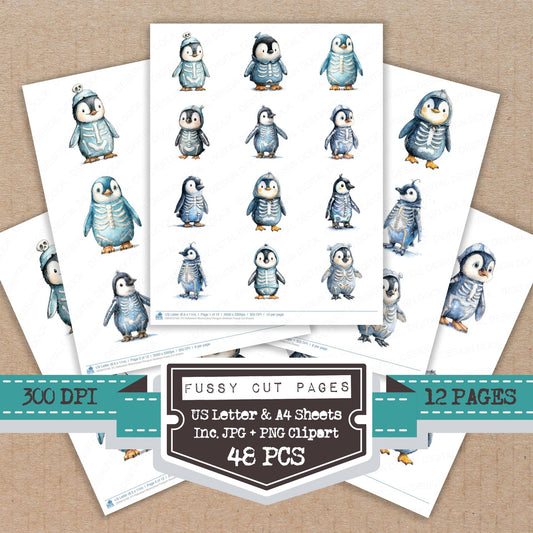 Halloween Watercolour Penguin Skeleton fussy cut printable sheets for junk journaling, scrapbooking, and paper craft projects
