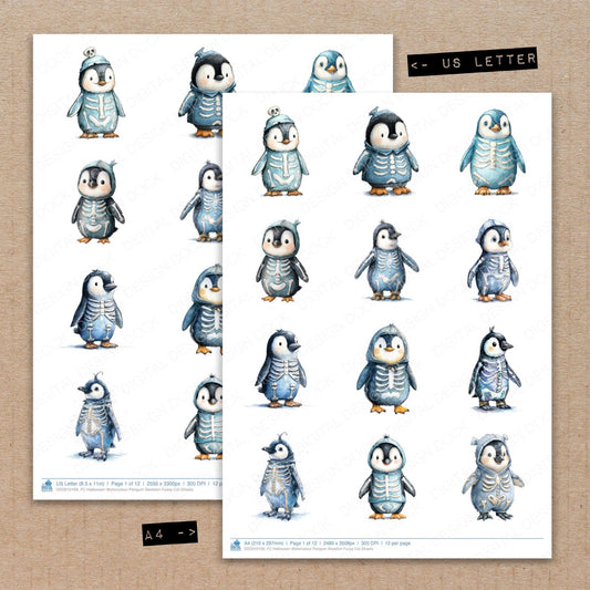 A4 and US Letter format comparison showing Halloween Watercolour Penguin Skeleton fussy cut pages for print and cut crafting