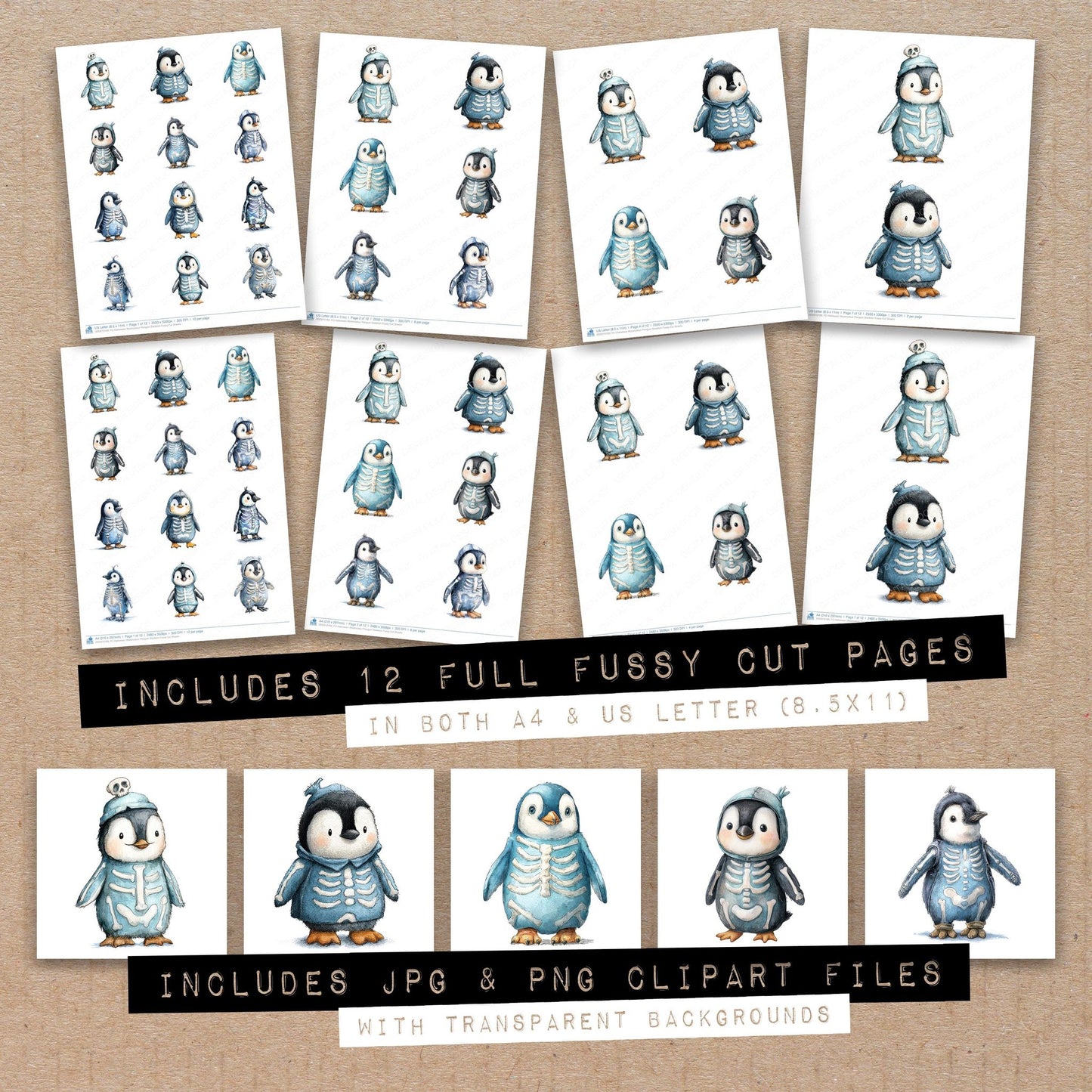 Full collection view of Halloween Watercolour Penguin Skeleton fussy cut sheets with bonus clipart JPG and PNG files