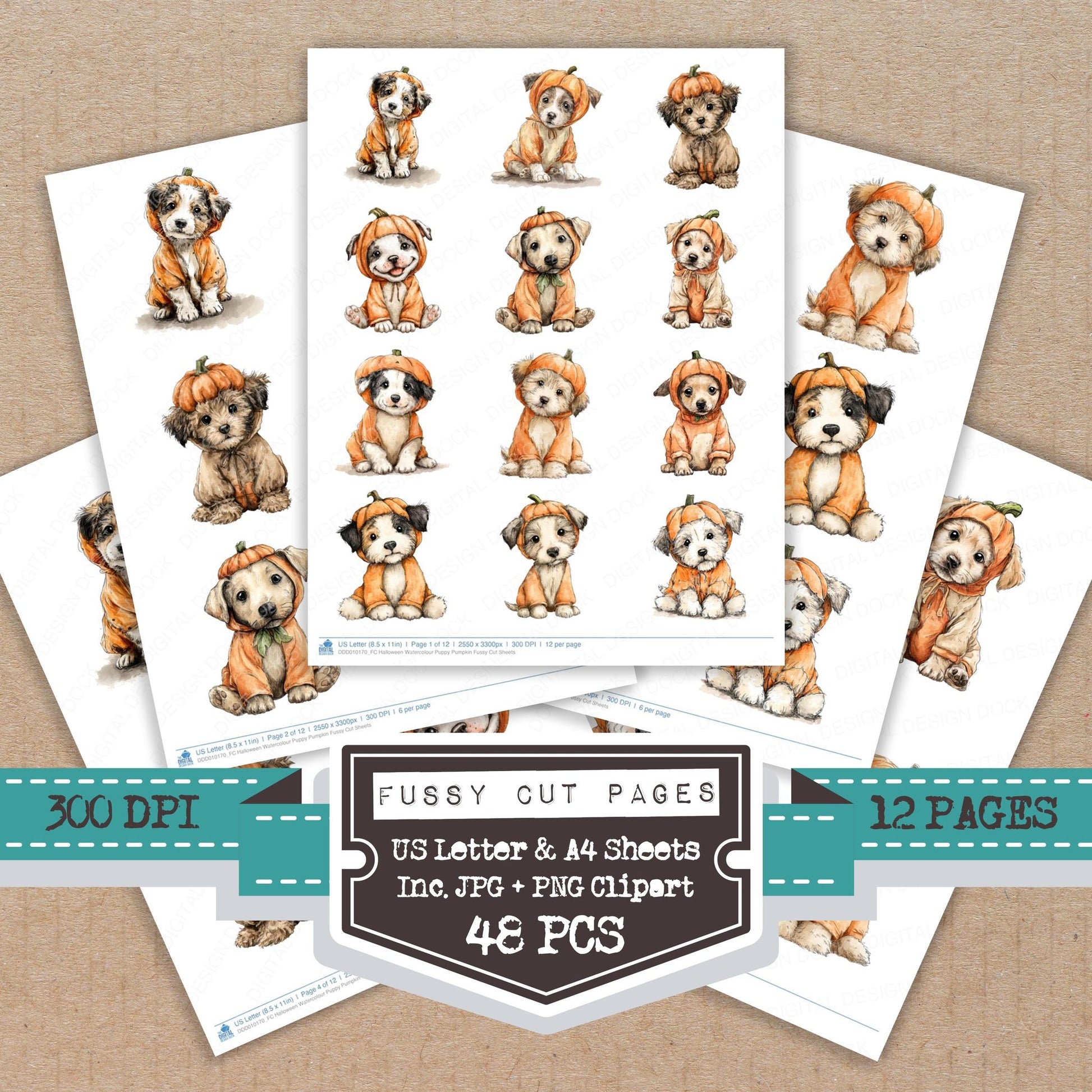 Halloween Watercolour Puppy Pumpkin fussy cut printable sheets for junk journaling, scrapbooking, and paper craft projects