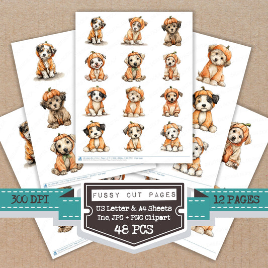 Halloween Watercolour Puppy Pumpkin fussy cut printable sheets for junk journaling, scrapbooking, and paper craft projects