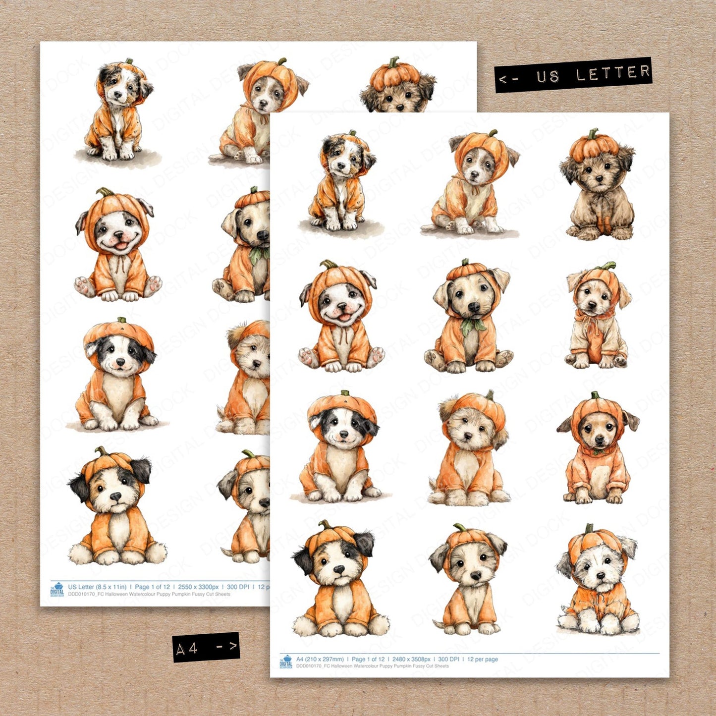 A4 and US Letter format comparison showing Halloween Watercolour Puppy Pumpkin fussy cut pages for print and cut crafting