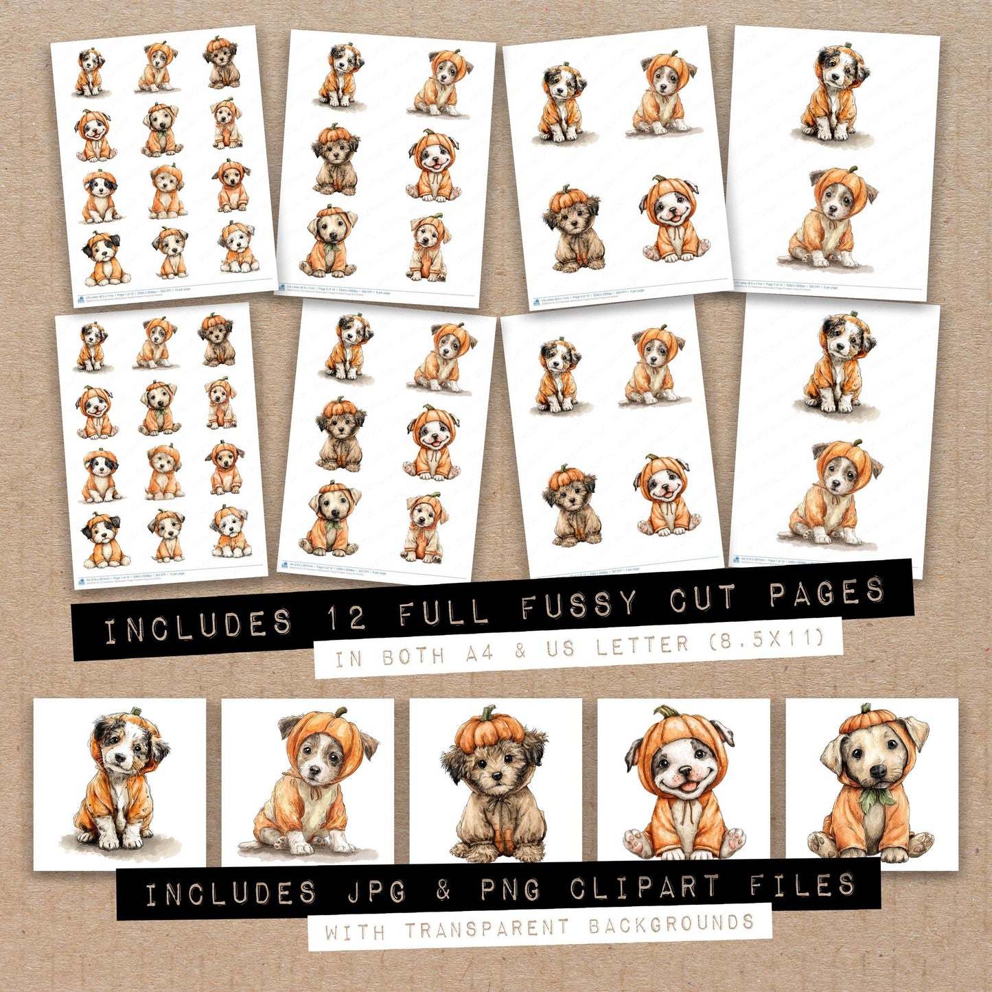 Full collection view of Halloween Watercolour Puppy Pumpkin fussy cut sheets with bonus clipart JPG and PNG files