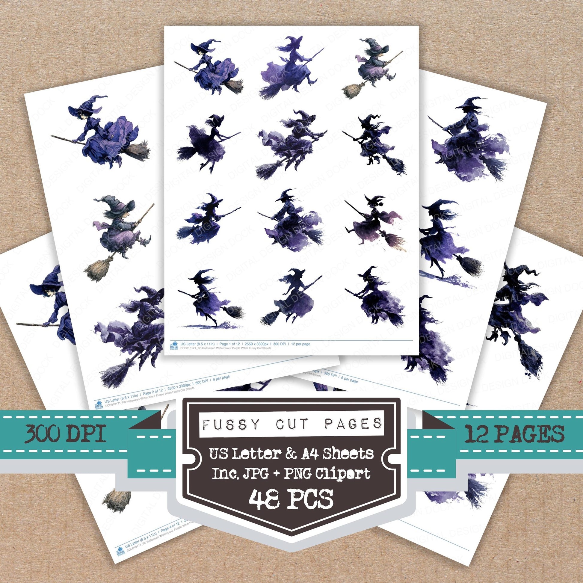 Halloween Watercolour Purple Witch fussy cut printable sheets for junk journaling, scrapbooking, and paper craft projects