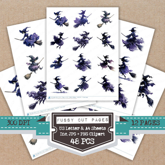 Halloween Watercolour Purple Witch fussy cut printable sheets for junk journaling, scrapbooking, and paper craft projects