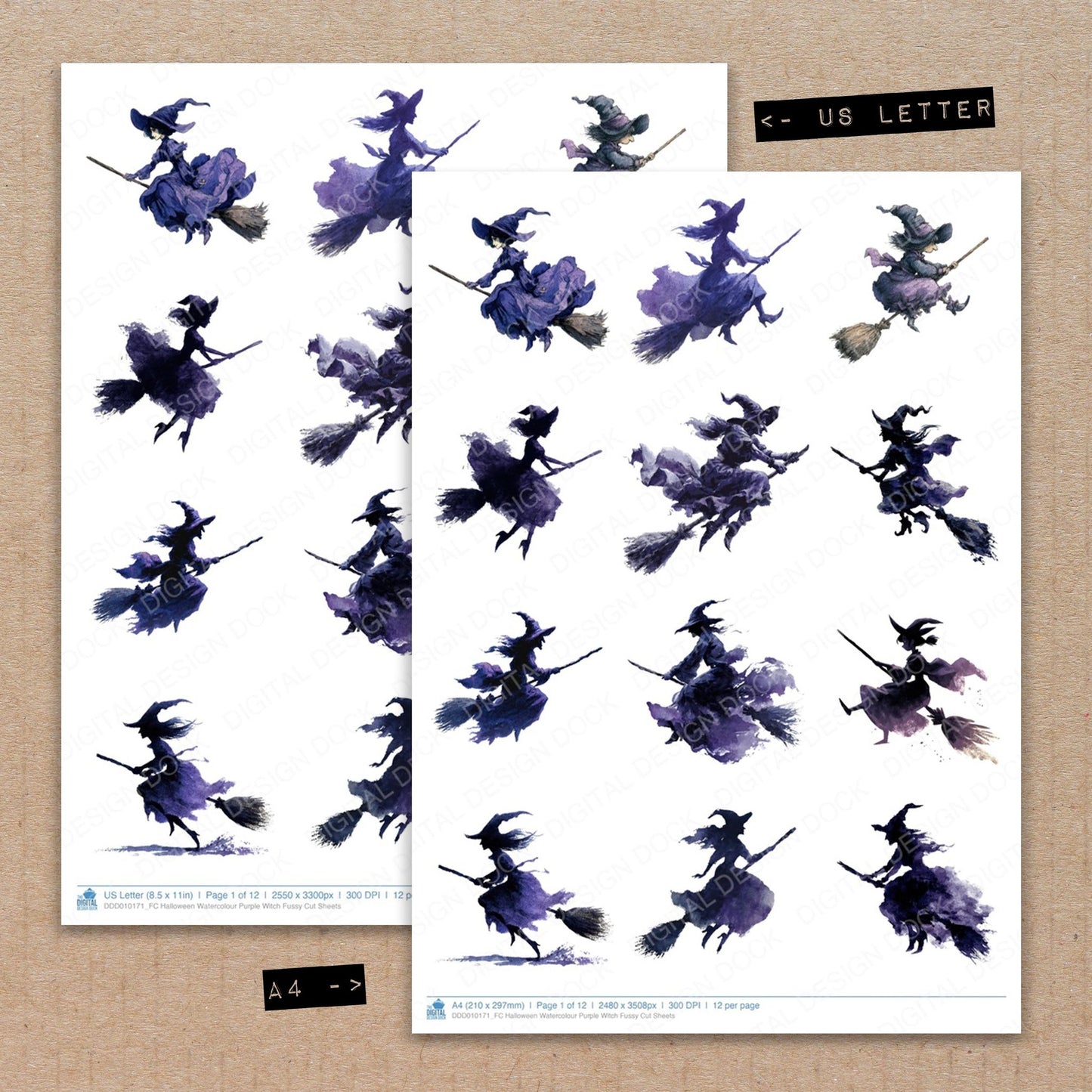 A4 and US Letter format comparison showing Halloween Watercolour Purple Witch fussy cut pages for print and cut crafting