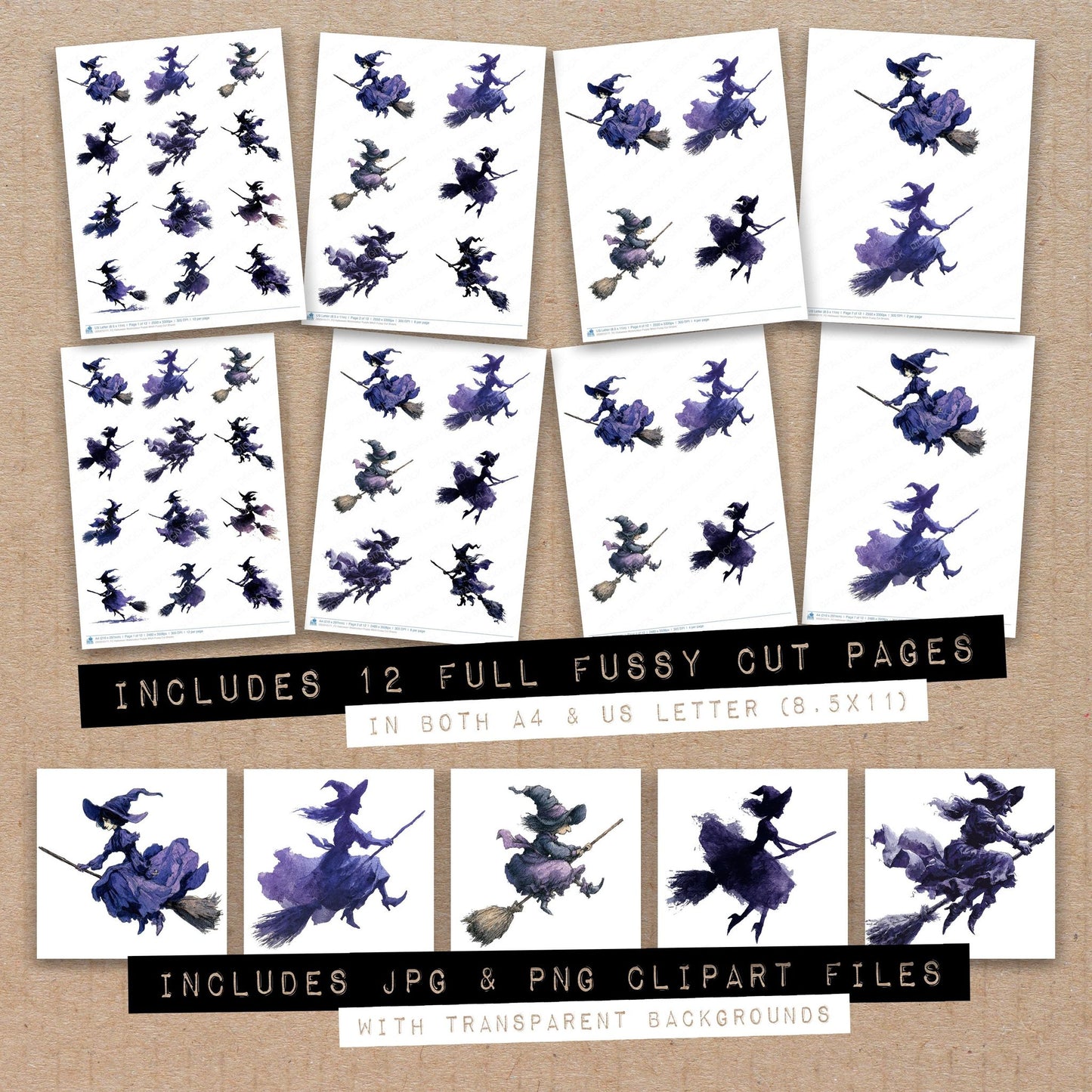 Full collection view of Halloween Watercolour Purple Witch fussy cut sheets with bonus clipart JPG and PNG files
