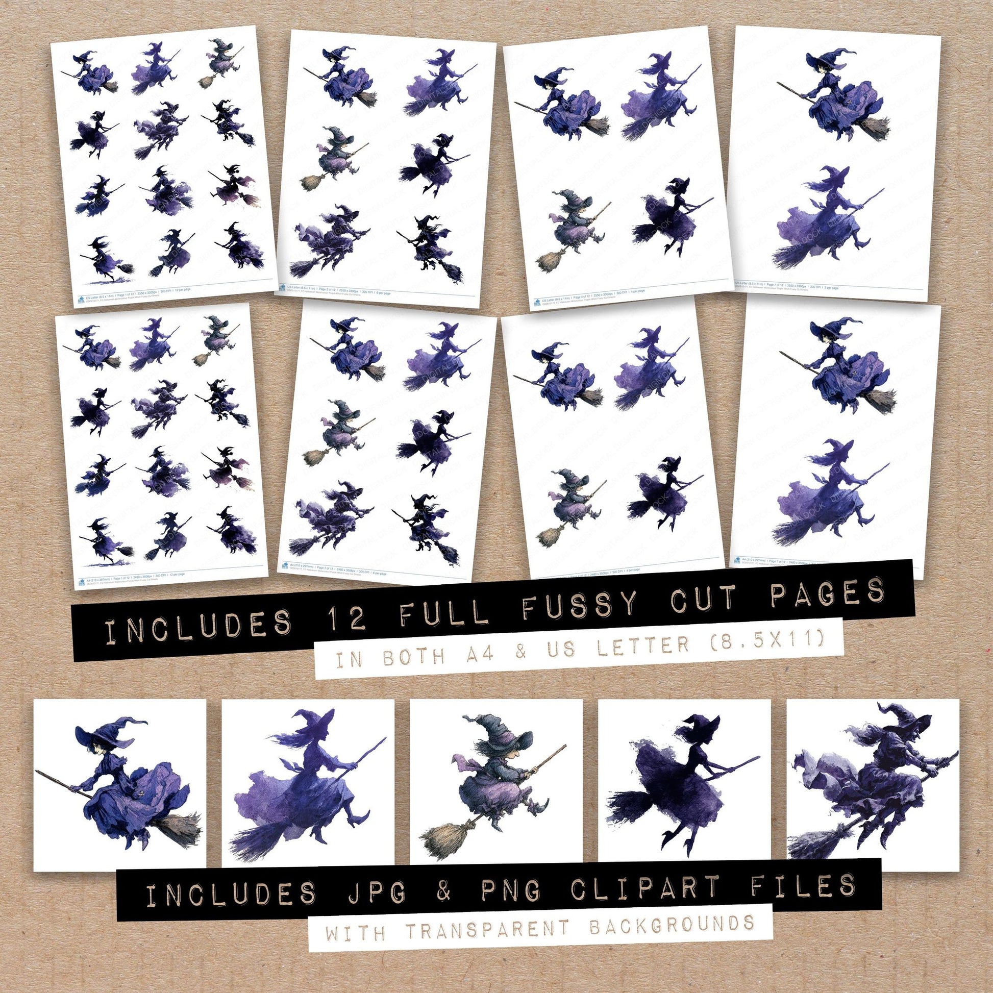 Full collection view of Halloween Watercolour Purple Witch fussy cut sheets with bonus clipart JPG and PNG files