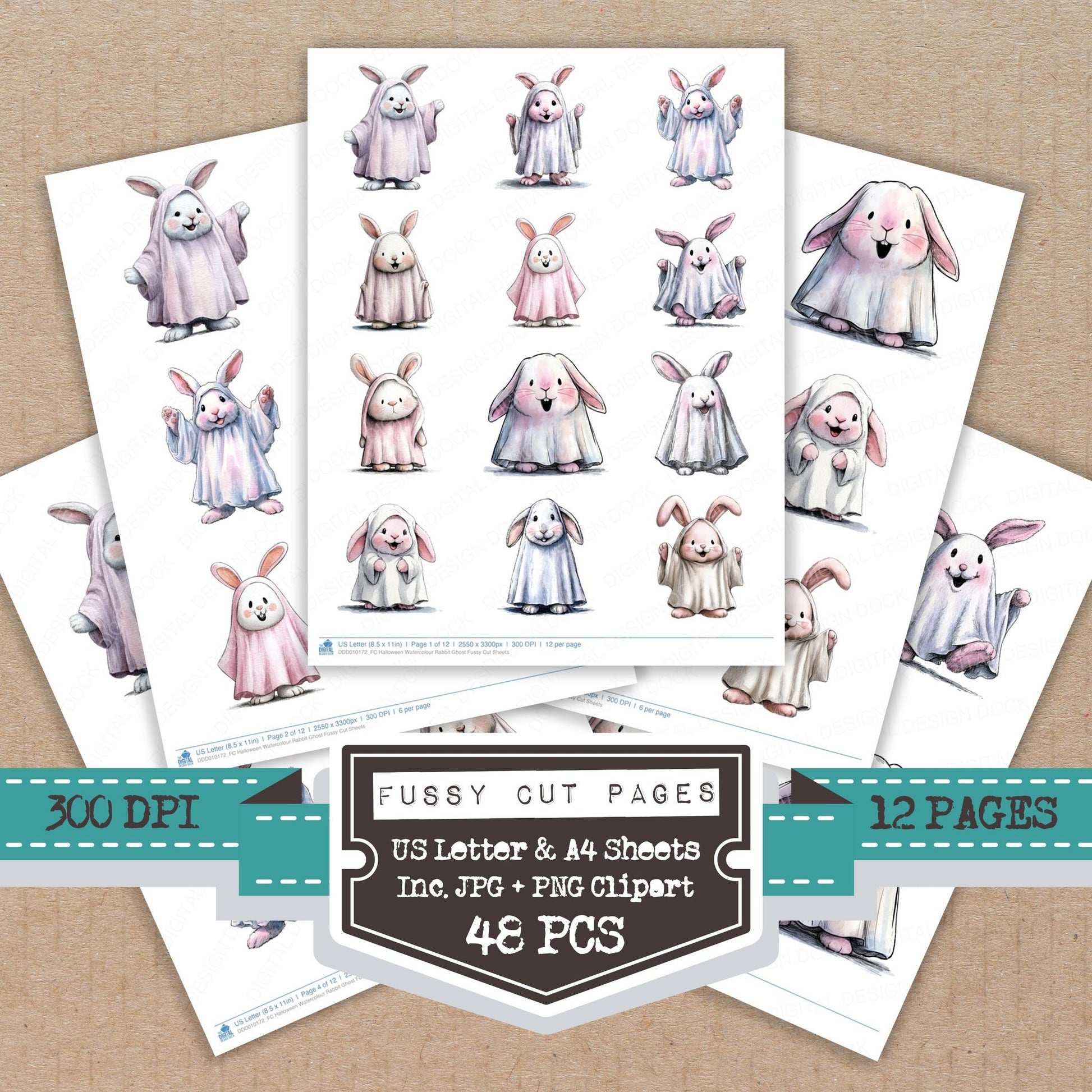Halloween Watercolour Rabbit Ghost fussy cut printable sheets for junk journaling, scrapbooking, and paper craft projects