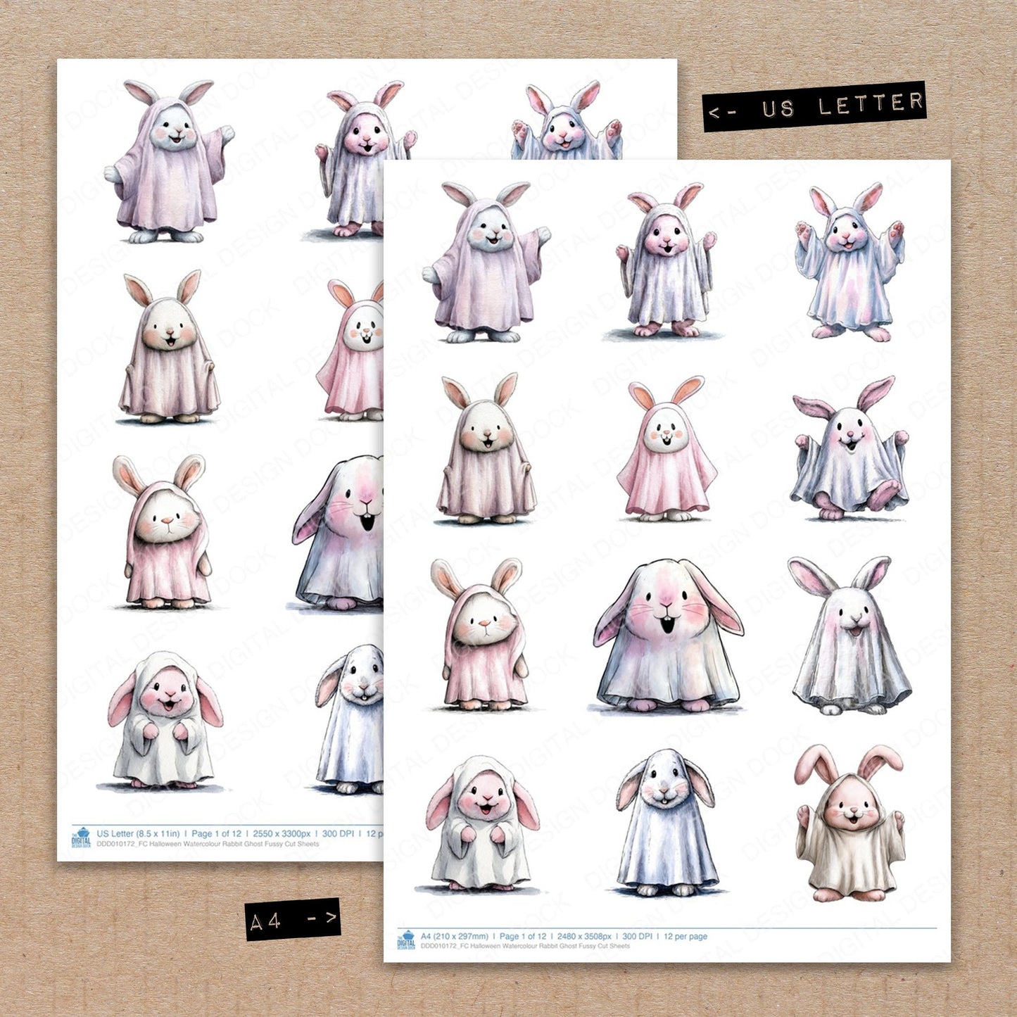 A4 and US Letter format comparison showing Halloween Watercolour Rabbit Ghost fussy cut pages for print and cut crafting
