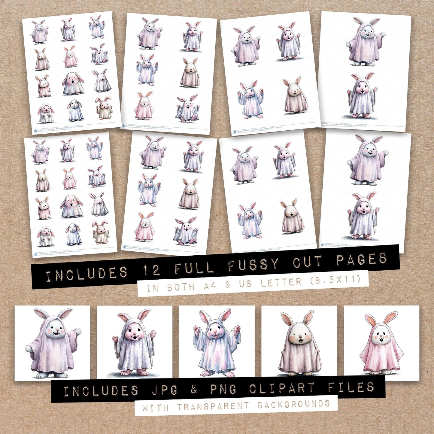 Full collection view of Halloween Watercolour Rabbit Ghost fussy cut sheets with bonus clipart JPG and PNG files