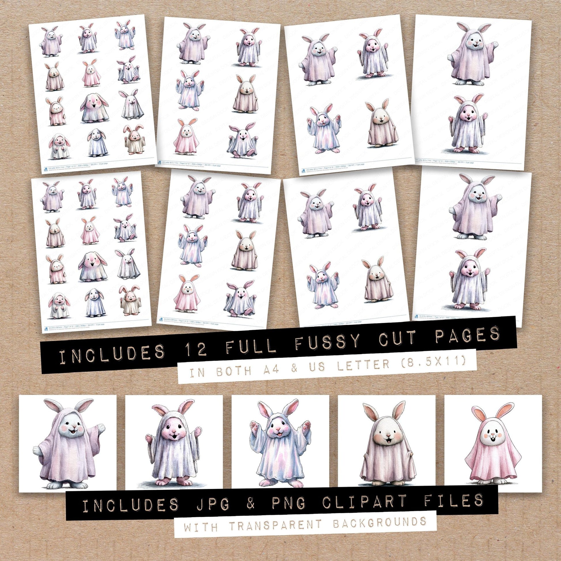 Full collection view of Halloween Watercolour Rabbit Ghost fussy cut sheets with bonus clipart JPG and PNG files