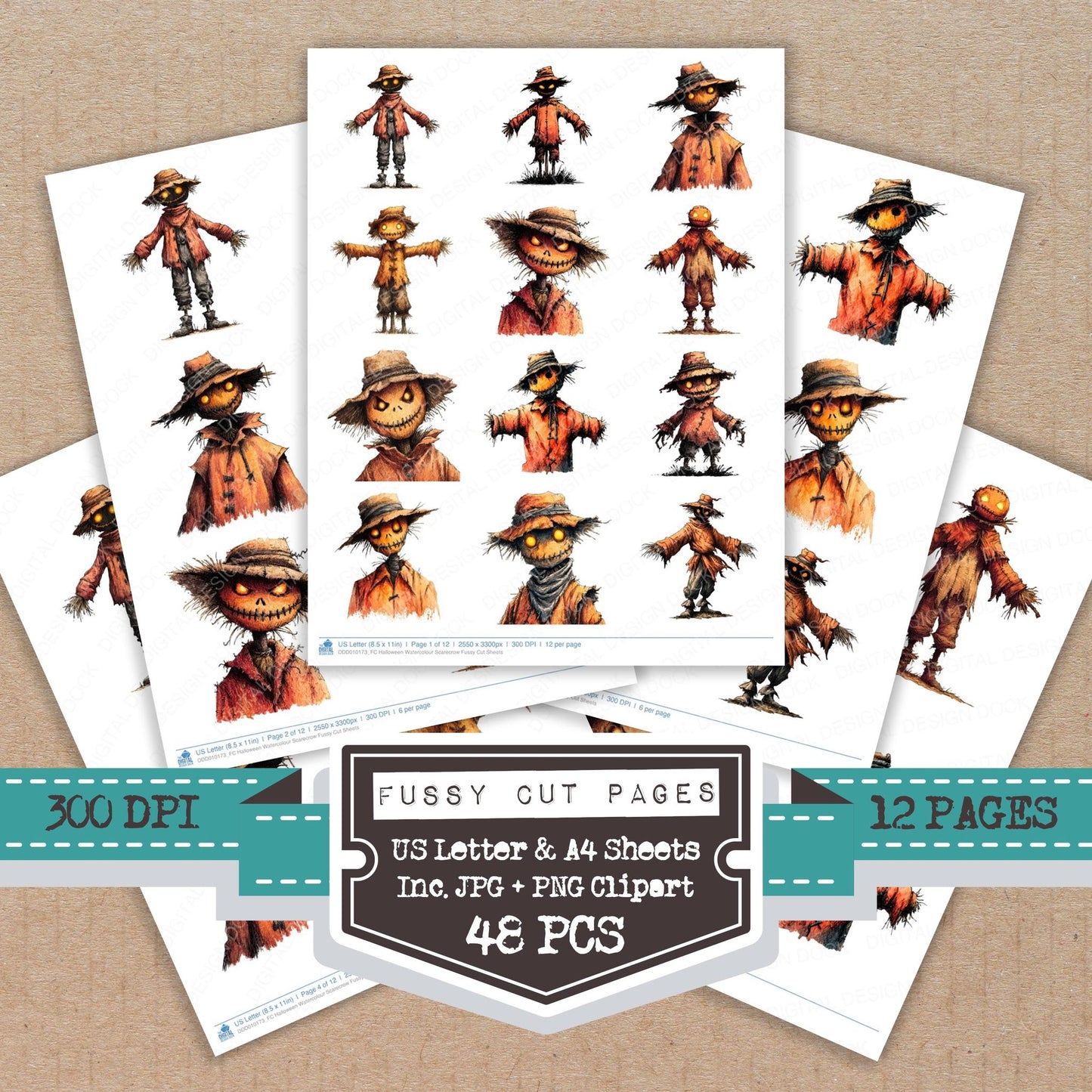 Halloween Watercolour Scarecrow fussy cut printable sheets for junk journaling, scrapbooking, and paper craft projects