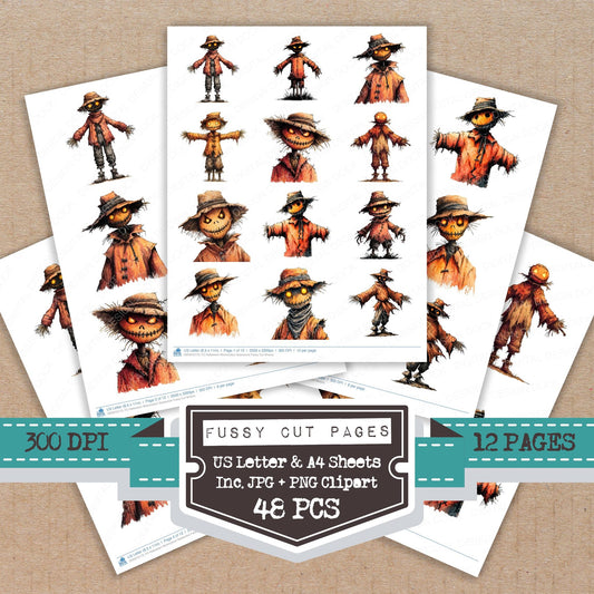 Halloween Watercolour Scarecrow fussy cut printable sheets for junk journaling, scrapbooking, and paper craft projects