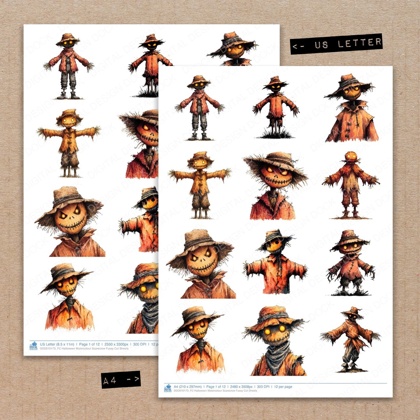 A4 and US Letter format comparison showing Halloween Watercolour Scarecrow fussy cut pages for print and cut crafting