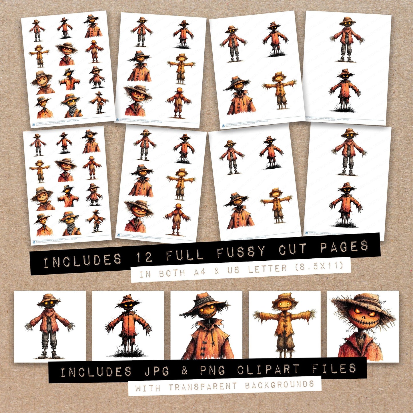 Full collection view of Halloween Watercolour Scarecrow fussy cut sheets with bonus clipart JPG and PNG files