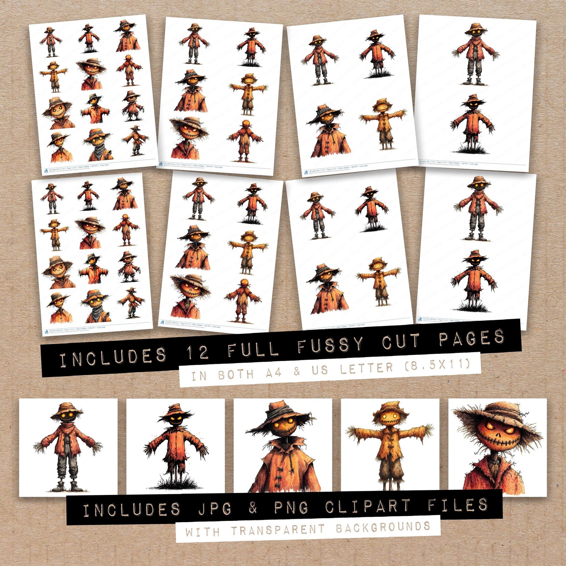 Full collection view of Halloween Watercolour Scarecrow fussy cut sheets with bonus clipart JPG and PNG files