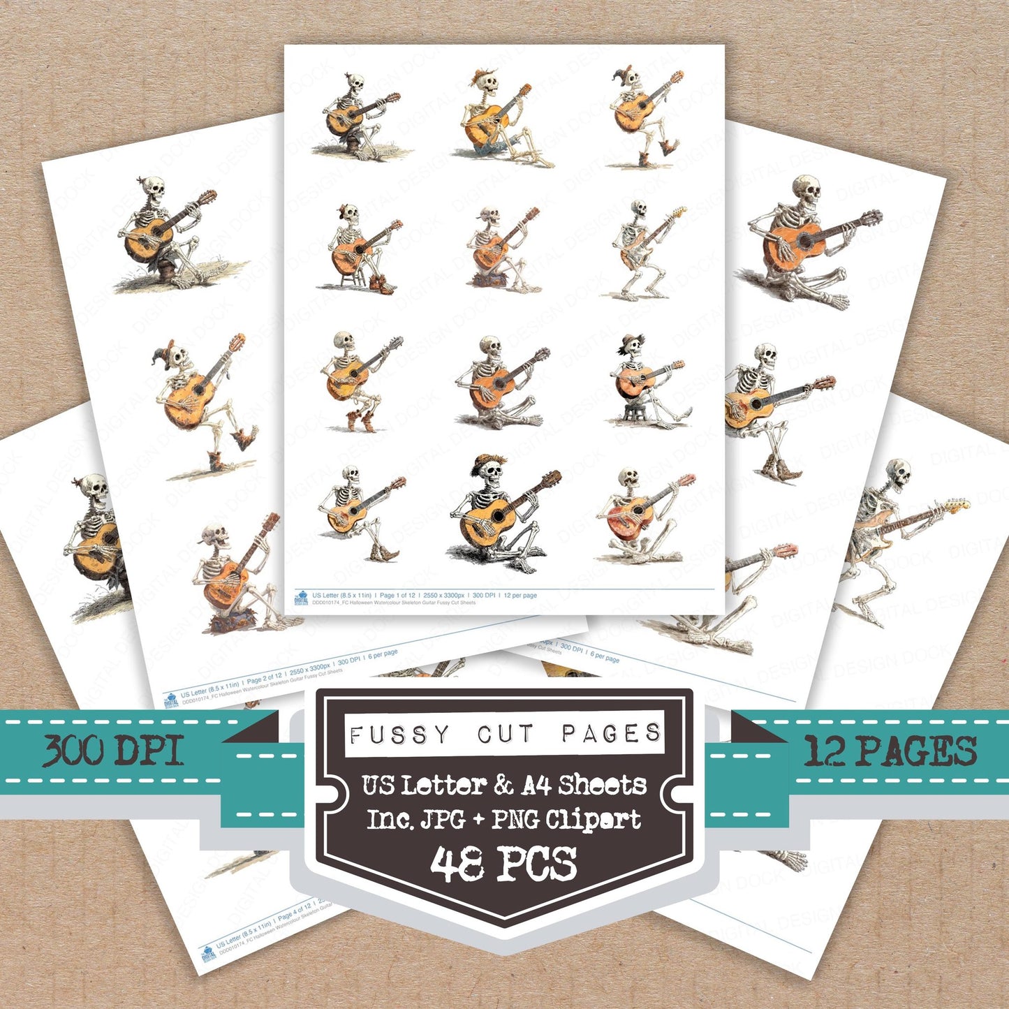 Halloween Watercolour Skeleton Guitar fussy cut printable sheets for junk journaling, scrapbooking, and paper craft projects