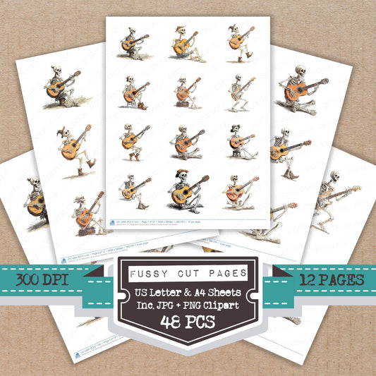 Halloween Watercolour Skeleton Guitar fussy cut printable sheets for junk journaling, scrapbooking, and paper craft projects