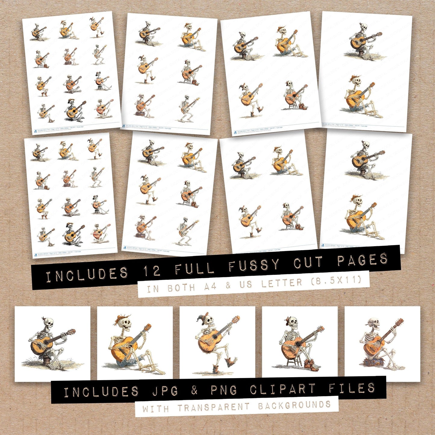 Full collection view of Halloween Watercolour Skeleton Guitar fussy cut sheets with bonus clipart JPG and PNG files