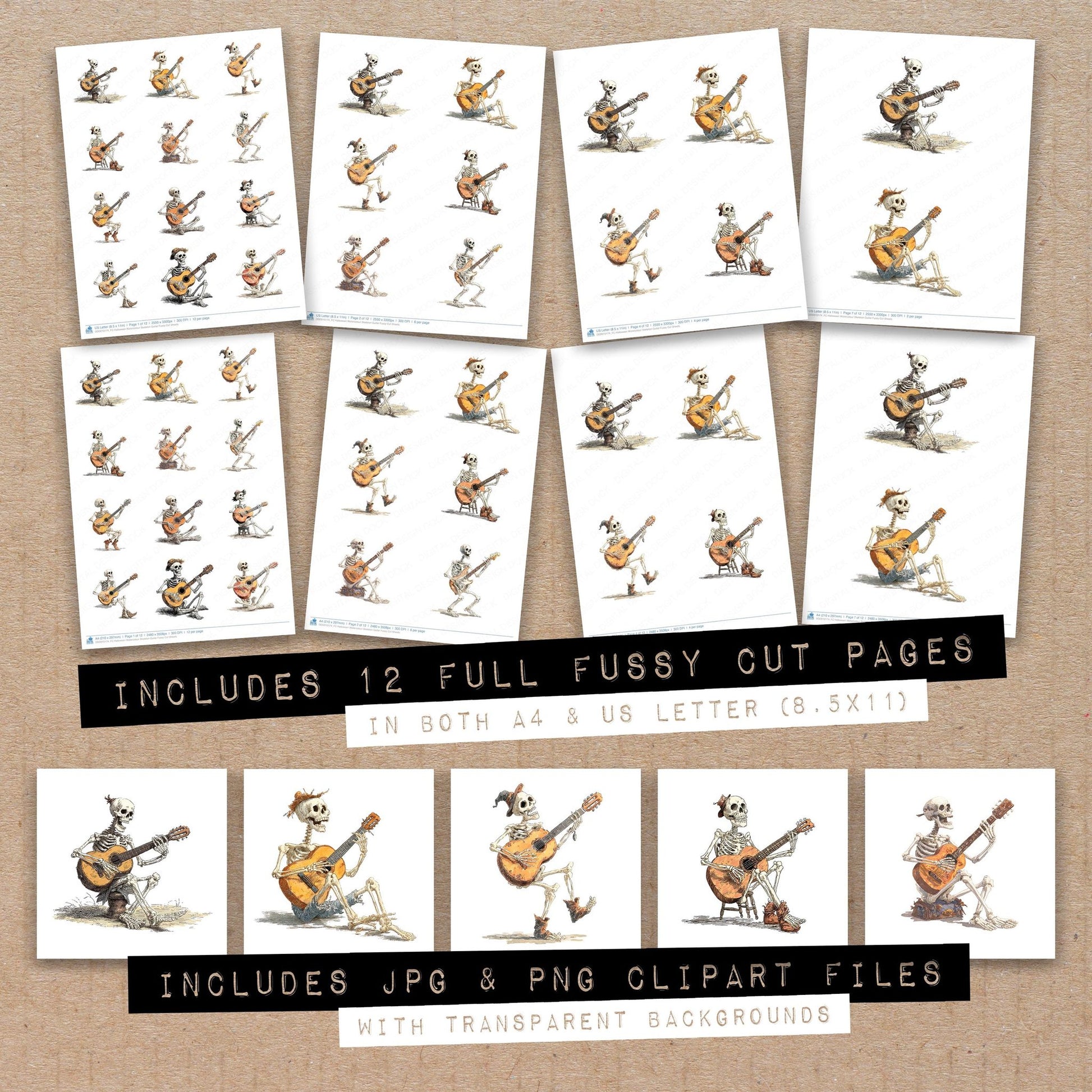 Full collection view of Halloween Watercolour Skeleton Guitar fussy cut sheets with bonus clipart JPG and PNG files