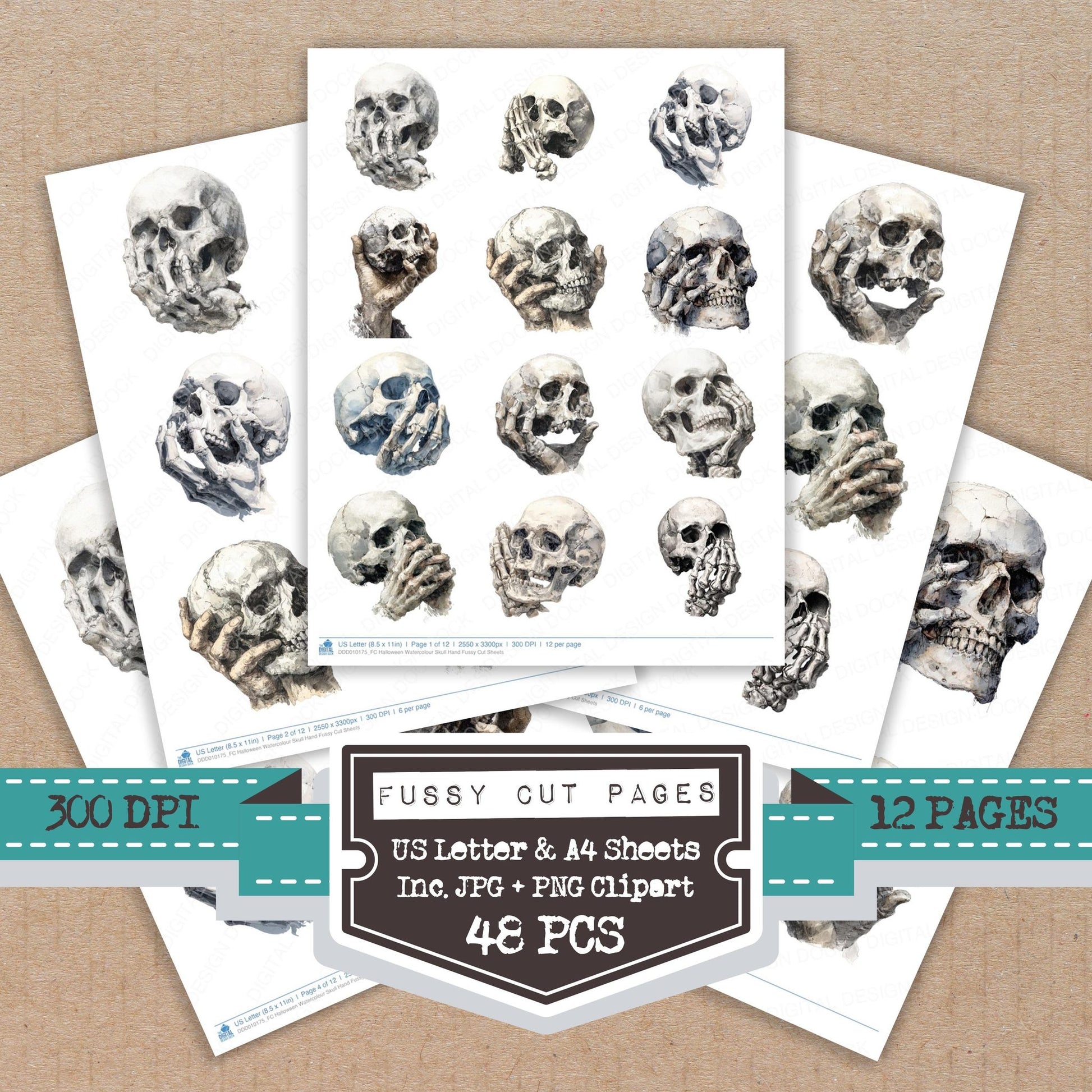Halloween Watercolour Skull Hand fussy cut printable sheets for junk journaling, scrapbooking, and paper craft projects