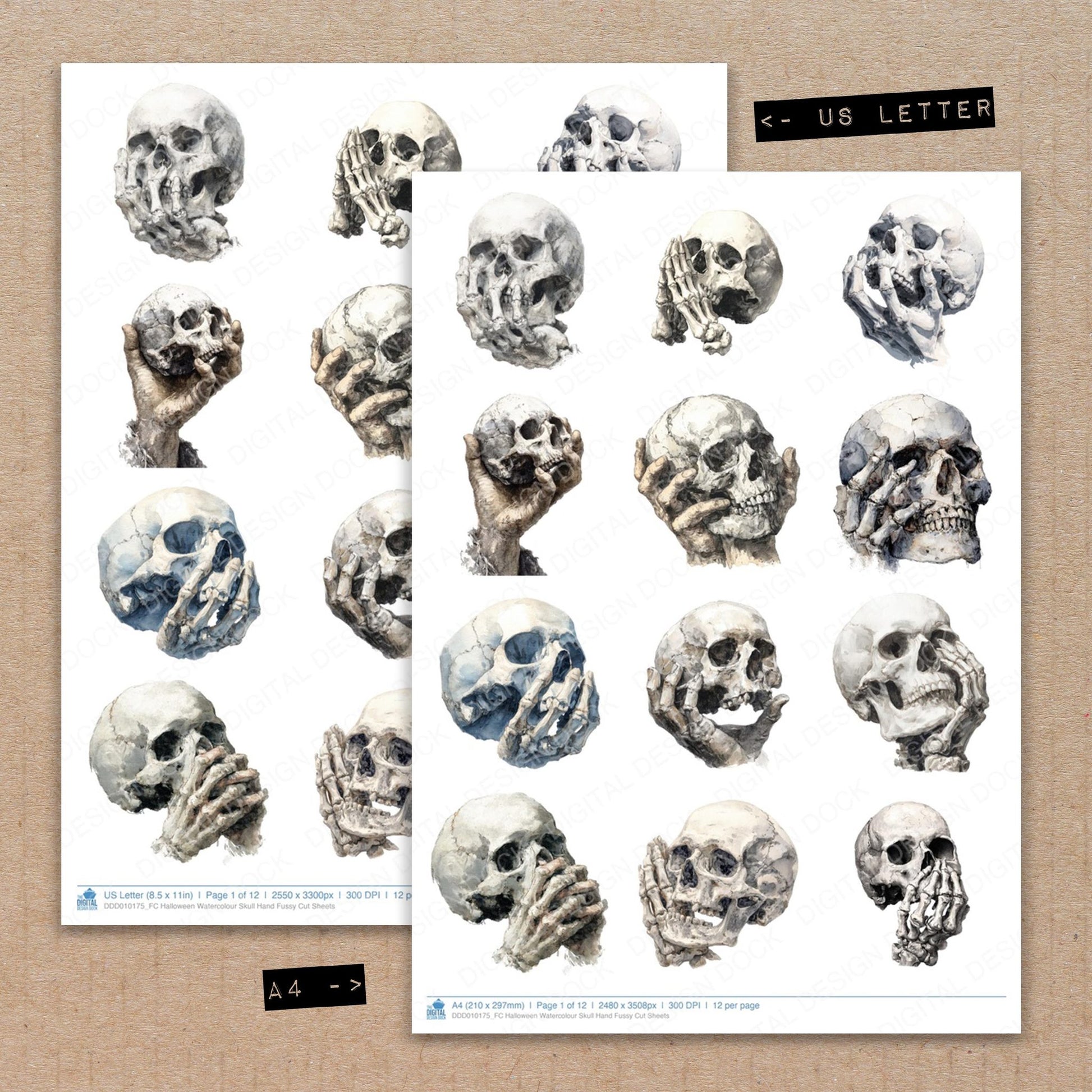 A4 and US Letter format comparison showing Halloween Watercolour Skull Hand fussy cut pages for print and cut crafting