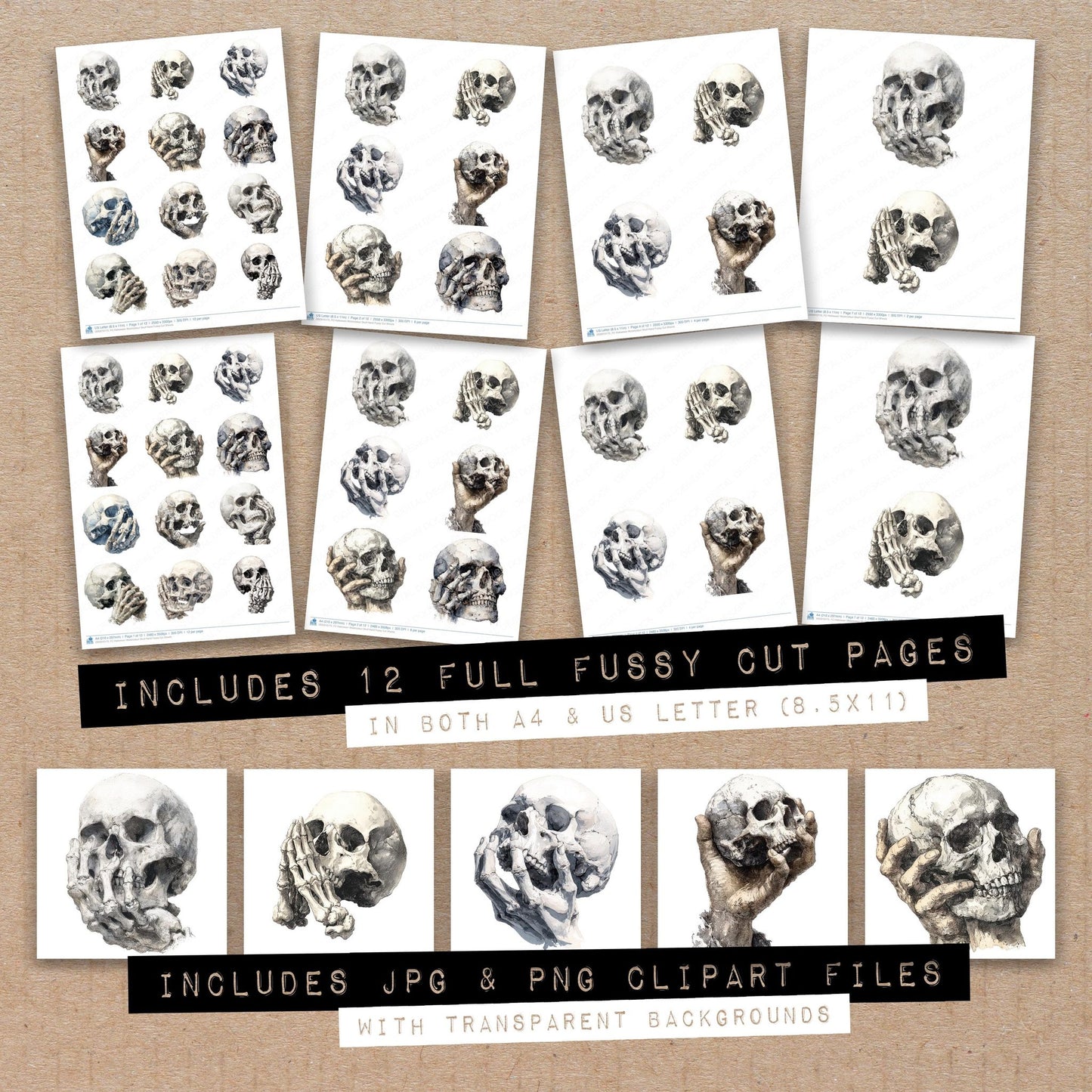 Full collection view of Halloween Watercolour Skull Hand fussy cut sheets with bonus clipart JPG and PNG files