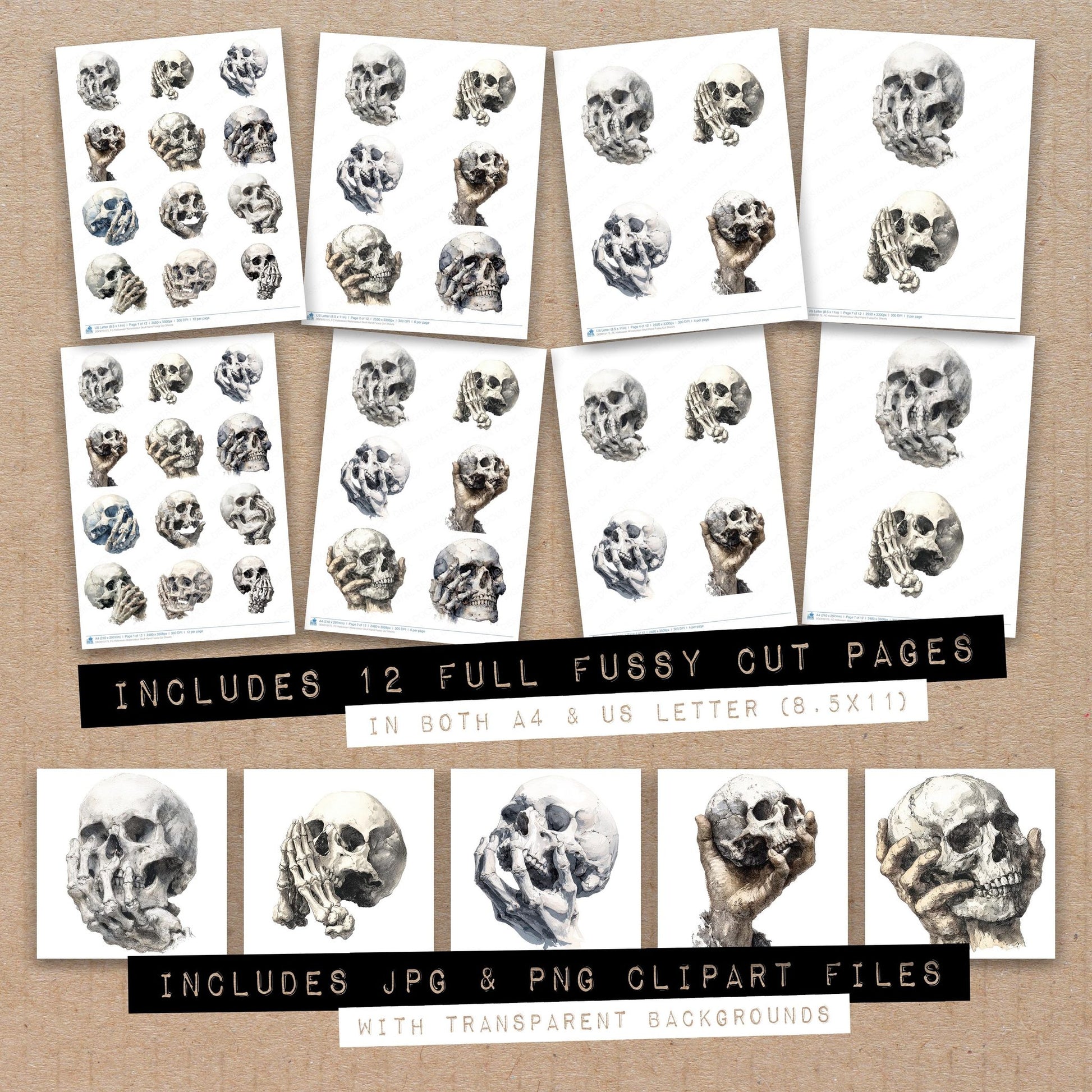 Full collection view of Halloween Watercolour Skull Hand fussy cut sheets with bonus clipart JPG and PNG files
