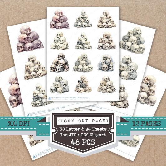 Halloween Watercolour Skull Pile fussy cut printable sheets for junk journaling, scrapbooking, and paper craft projects