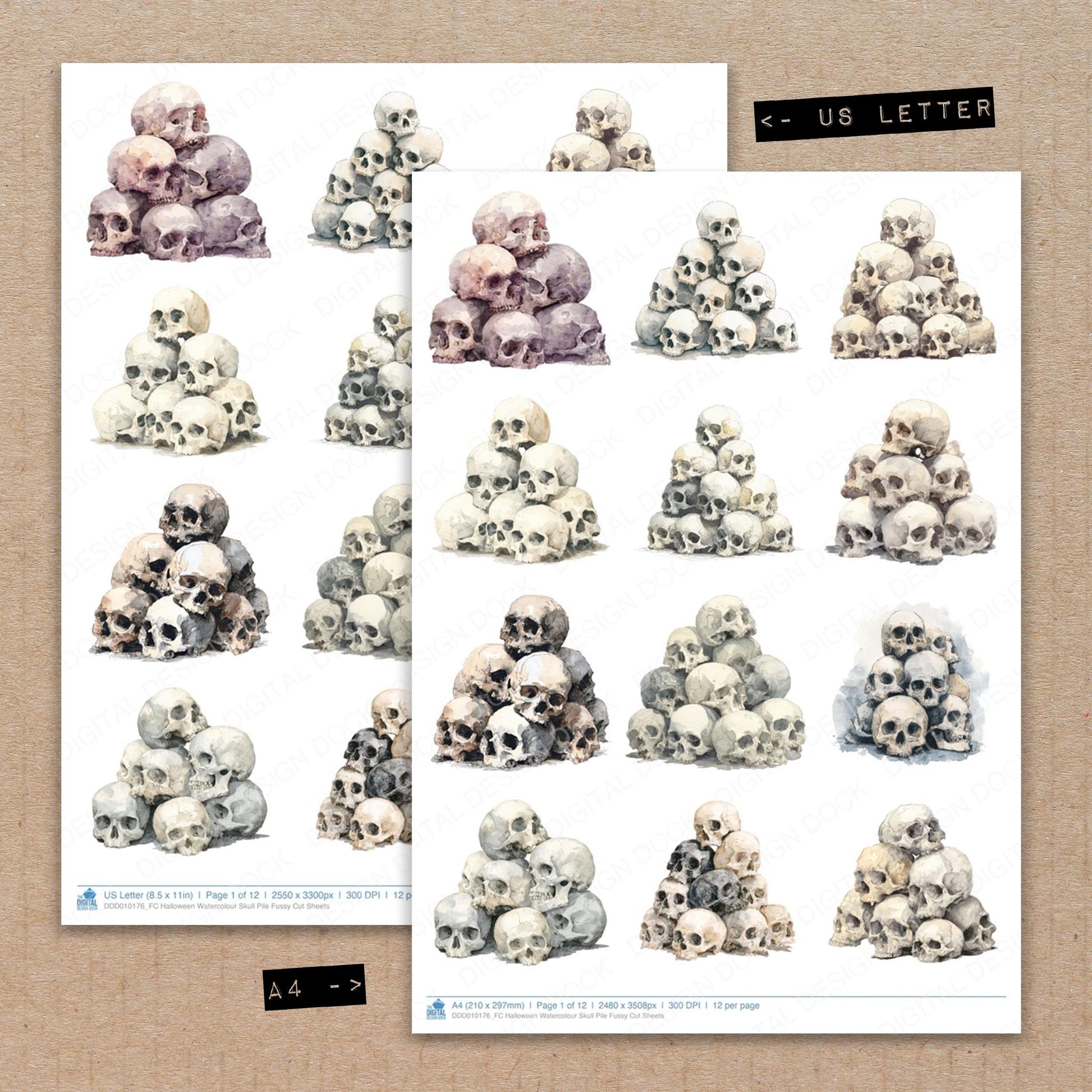 A4 and US Letter format comparison showing Halloween Watercolour Skull Pile fussy cut pages for print and cut crafting