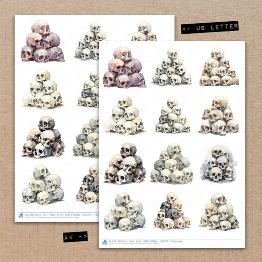 A4 and US Letter format comparison showing Halloween Watercolour Skull Pile fussy cut pages for print and cut crafting