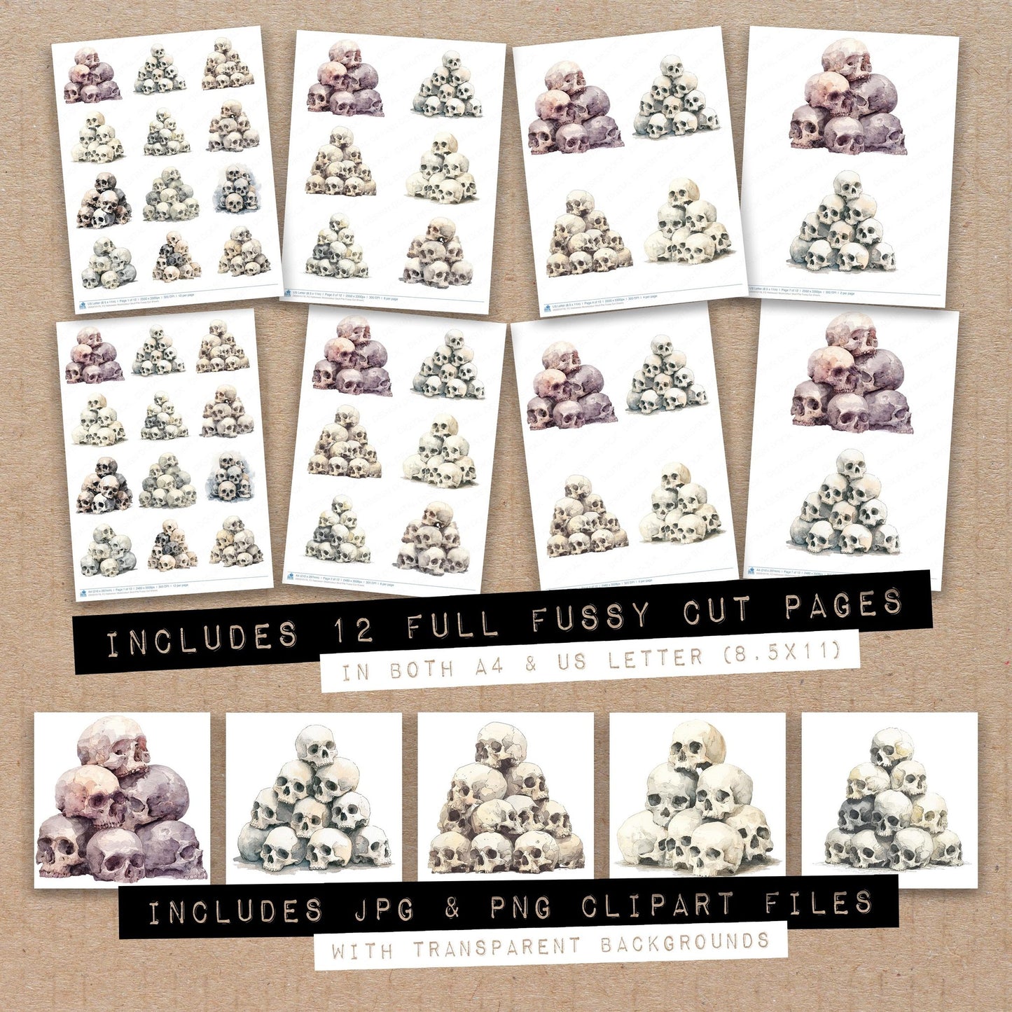 Full collection view of Halloween Watercolour Skull Pile fussy cut sheets with bonus clipart JPG and PNG files