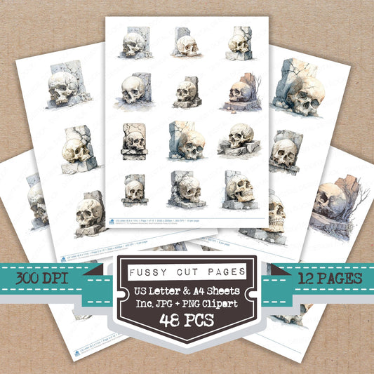 Halloween Watercolour Skull Tombstone fussy cut printable sheets for junk journaling, scrapbooking, and paper craft projects