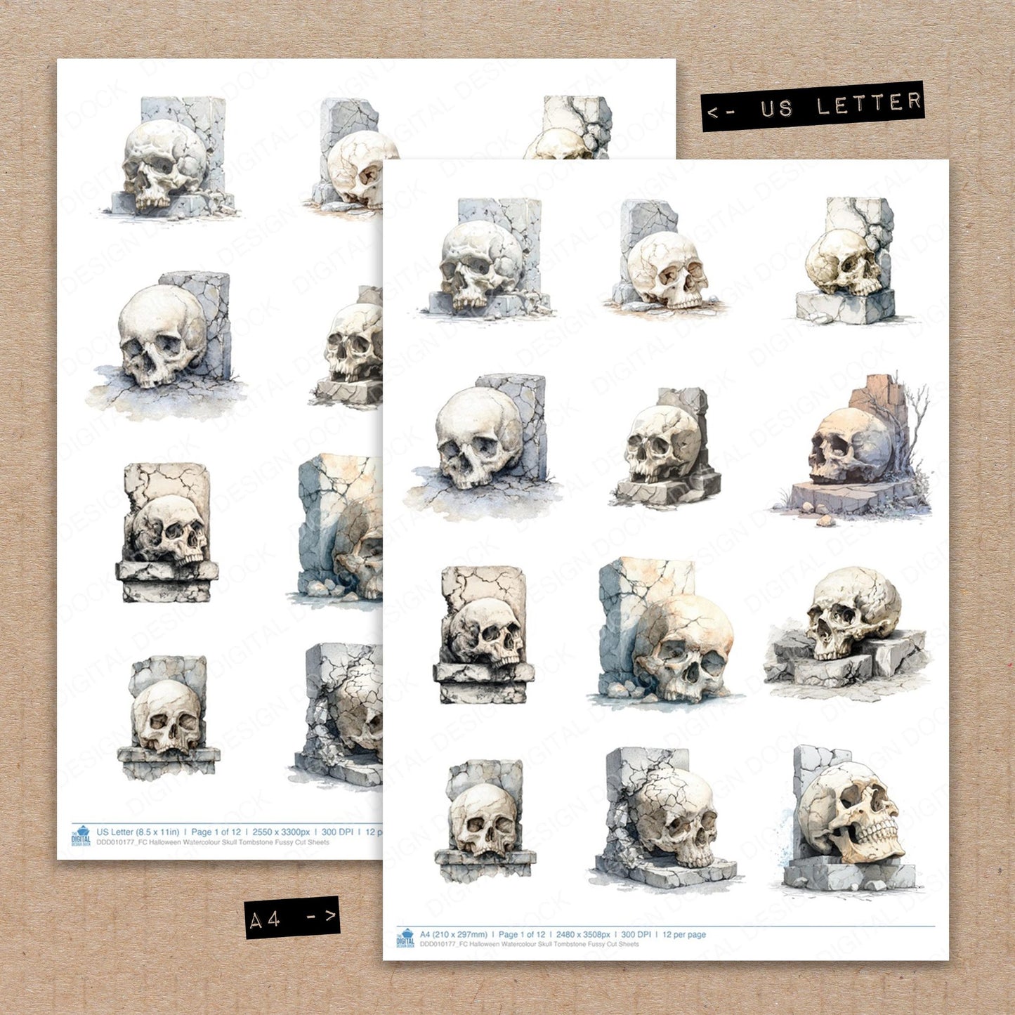 A4 and US Letter format comparison showing Halloween Watercolour Skull Tombstone fussy cut pages for print and cut crafting