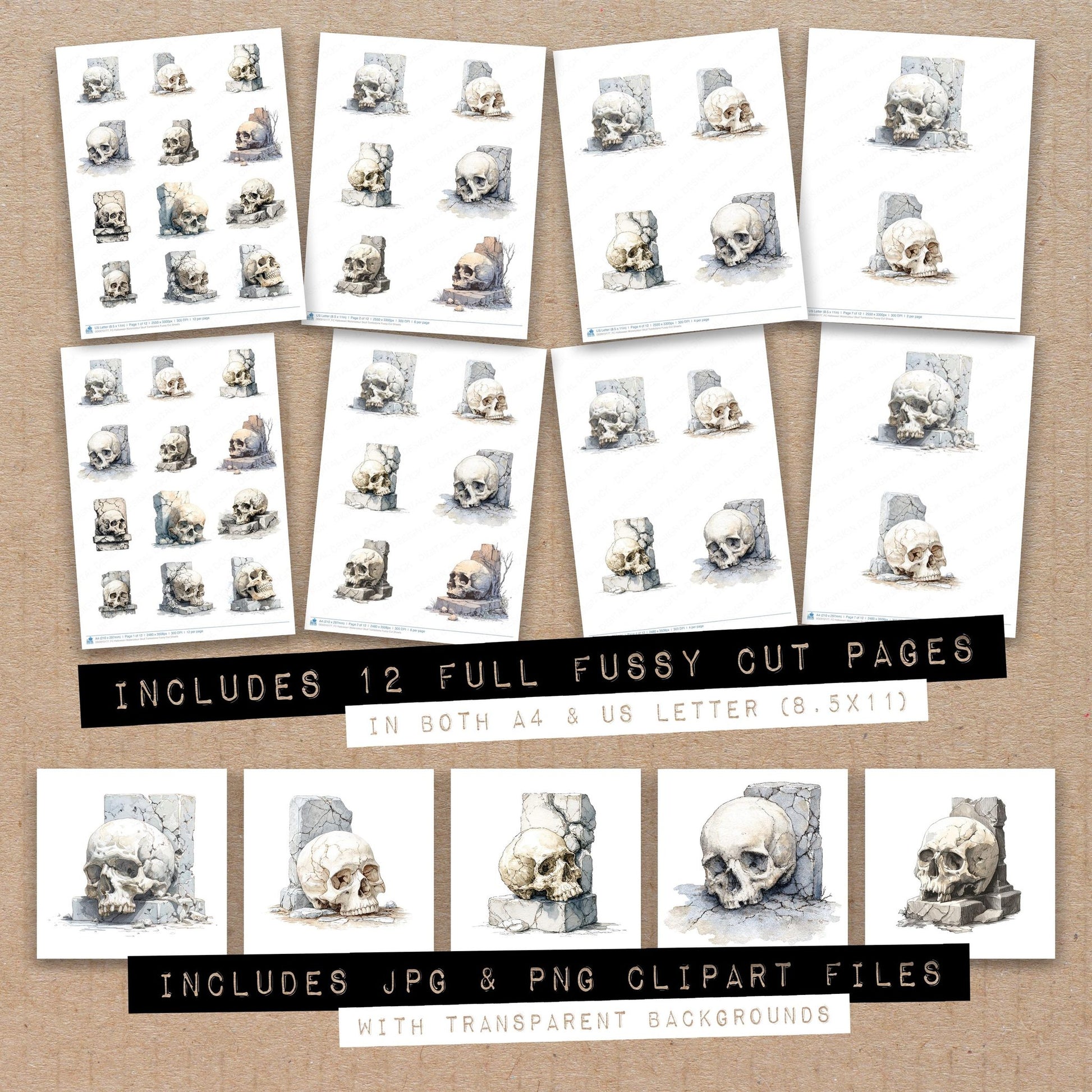 Full collection view of Halloween Watercolour Skull Tombstone fussy cut sheets with bonus clipart JPG and PNG files