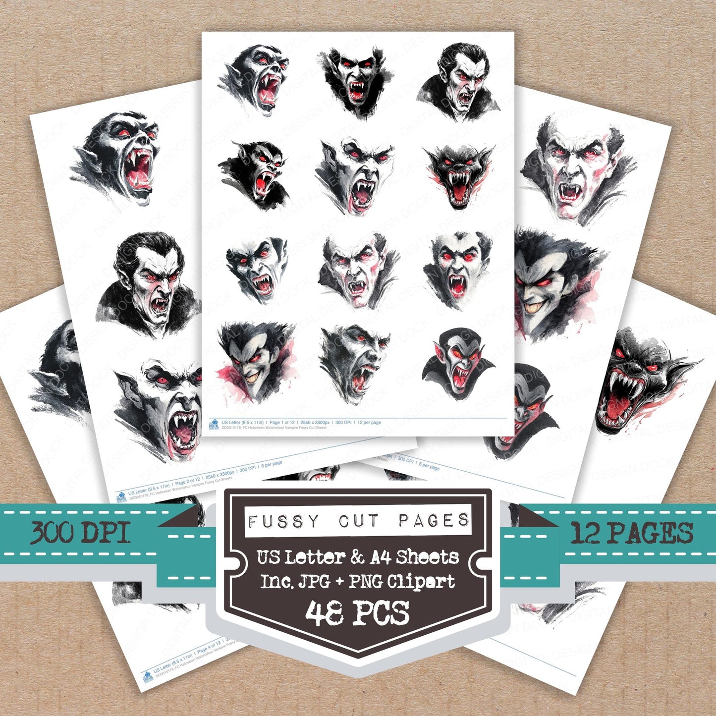 Halloween Watercolour Vampire fussy cut printable sheets for junk journaling, scrapbooking, and paper craft projects