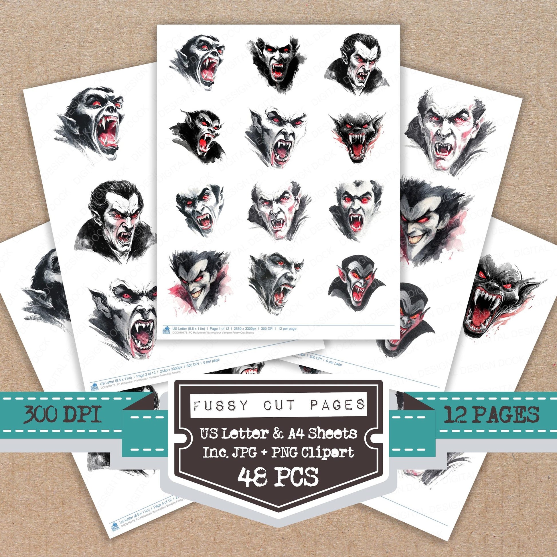 Halloween Watercolour Vampire fussy cut printable sheets for junk journaling, scrapbooking, and paper craft projects
