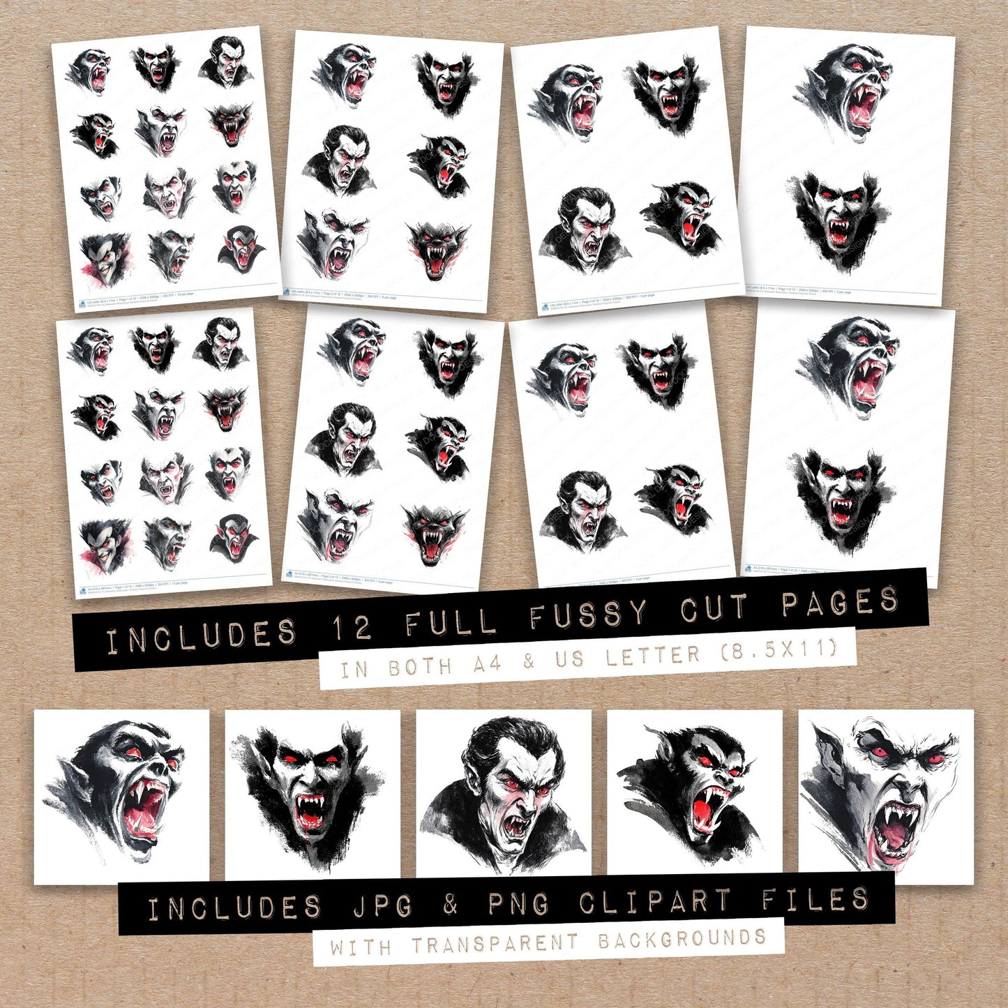 Full collection view of Halloween Watercolour Vampire fussy cut sheets with bonus clipart JPG and PNG files
