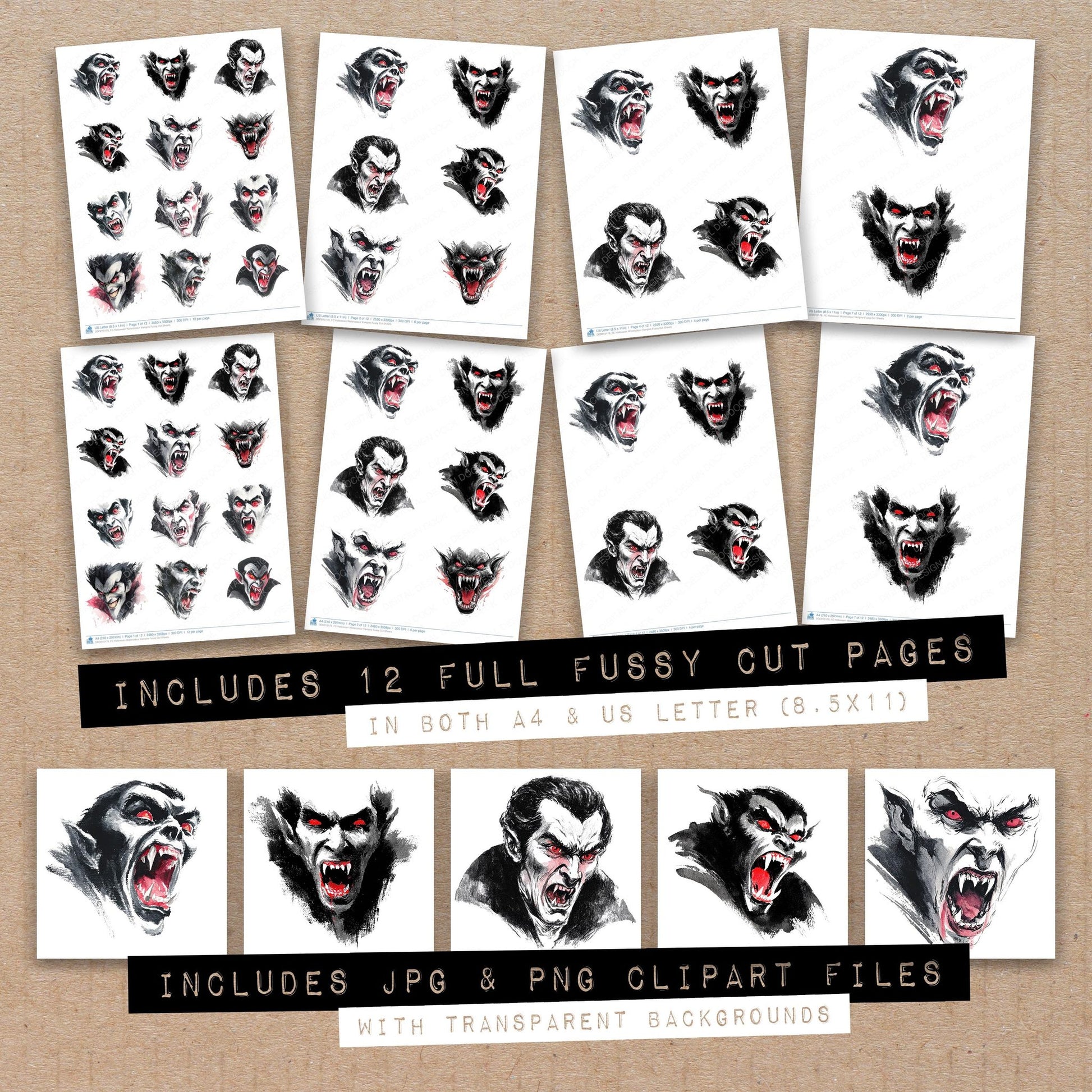 Full collection view of Halloween Watercolour Vampire fussy cut sheets with bonus clipart JPG and PNG files