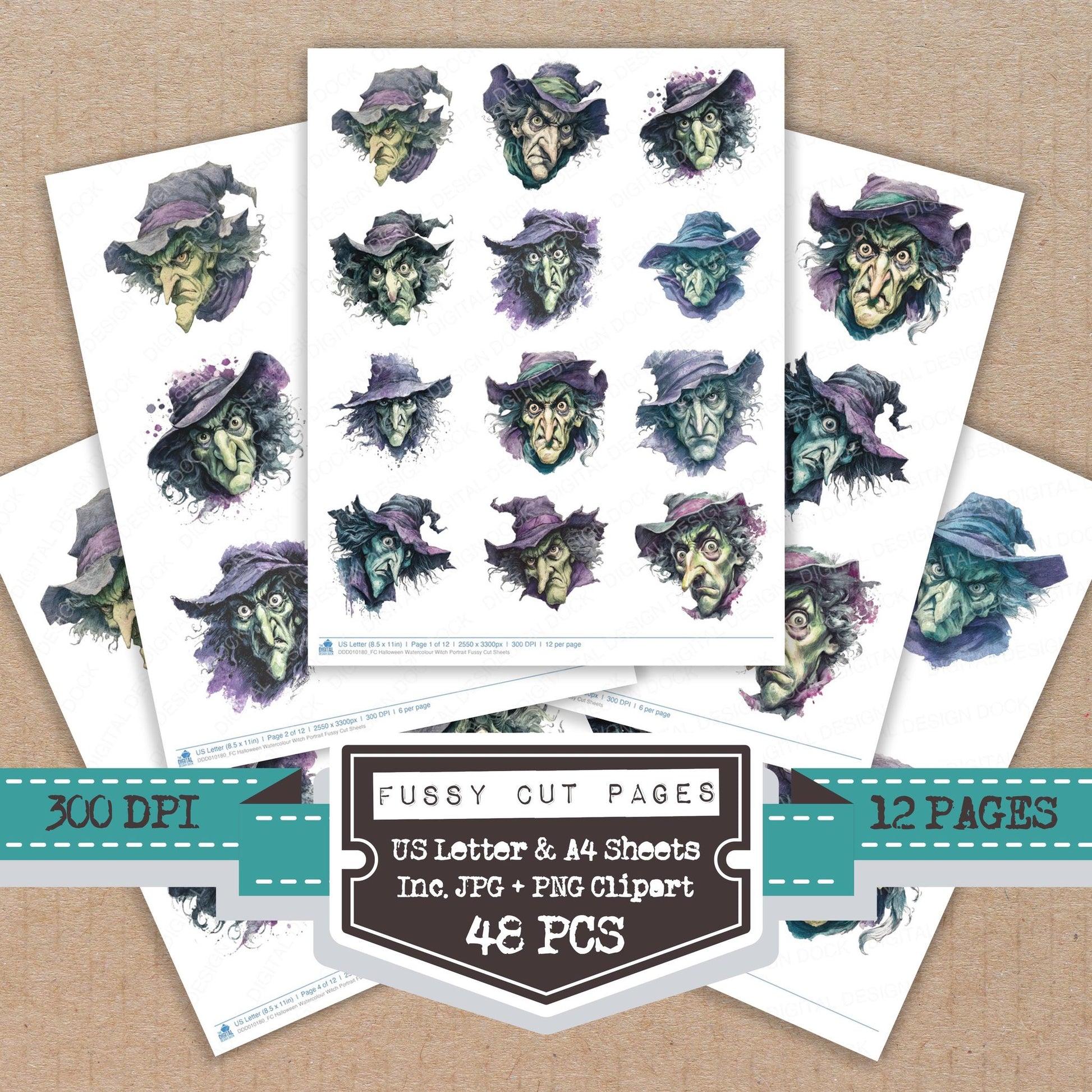Halloween Watercolour Witch Portrait fussy cut printable sheets for junk journaling, scrapbooking, and paper craft projects