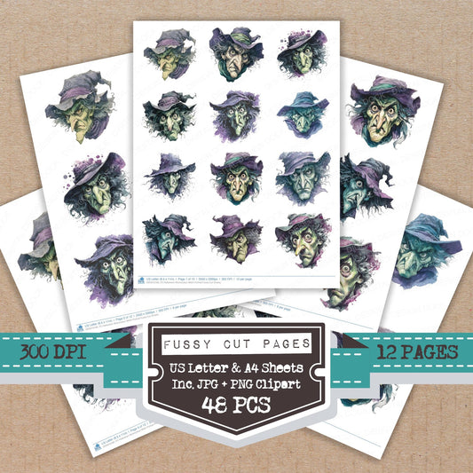 Halloween Watercolour Witch Portrait fussy cut printable sheets for junk journaling, scrapbooking, and paper craft projects