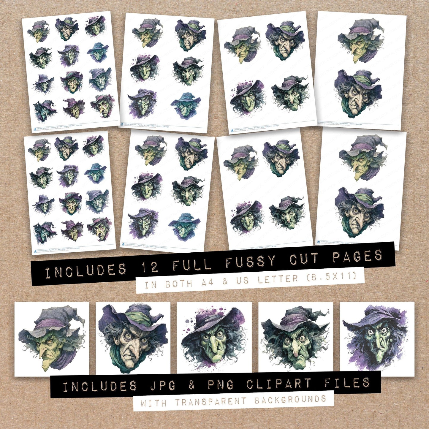 Full collection view of Halloween Watercolour Witch Portrait fussy cut sheets with bonus clipart JPG and PNG files