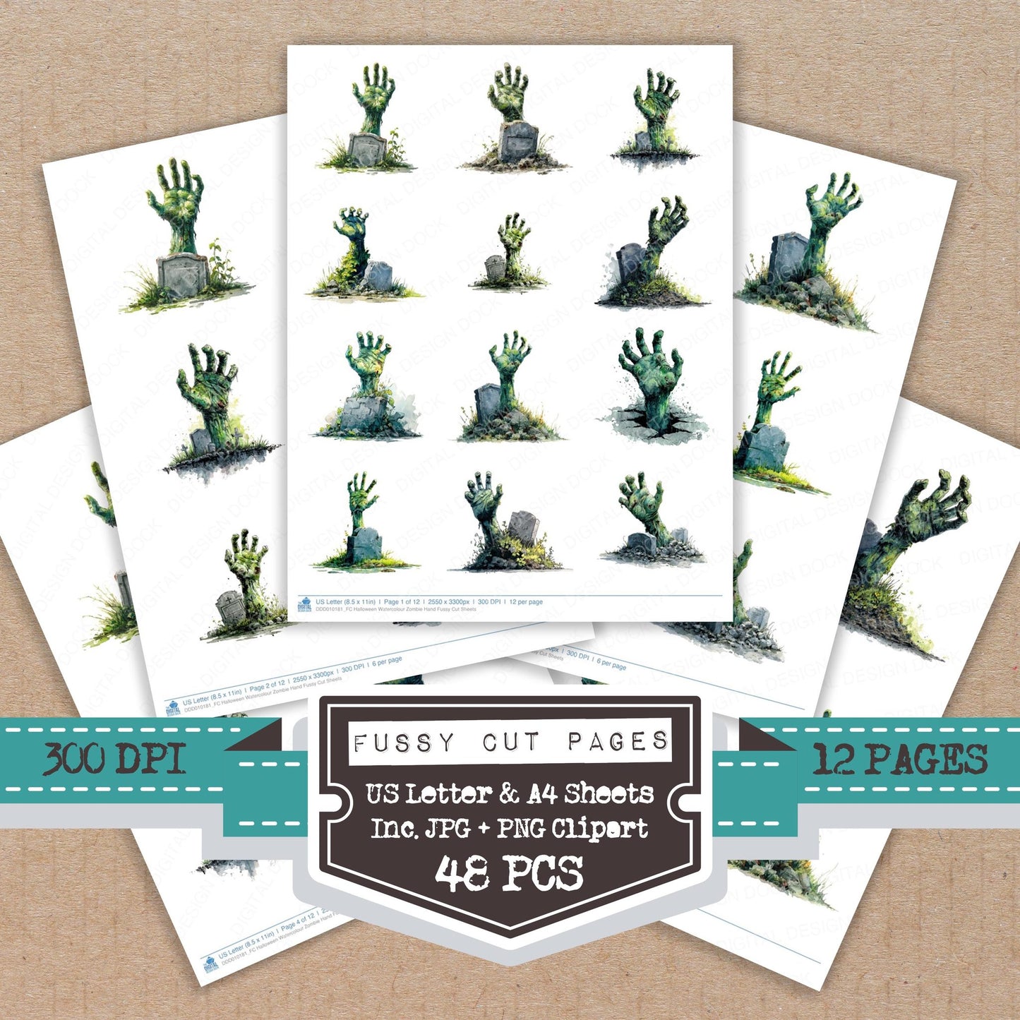 Halloween Watercolour Zombie Hand fussy cut printable sheets for junk journaling, scrapbooking, and paper craft projects