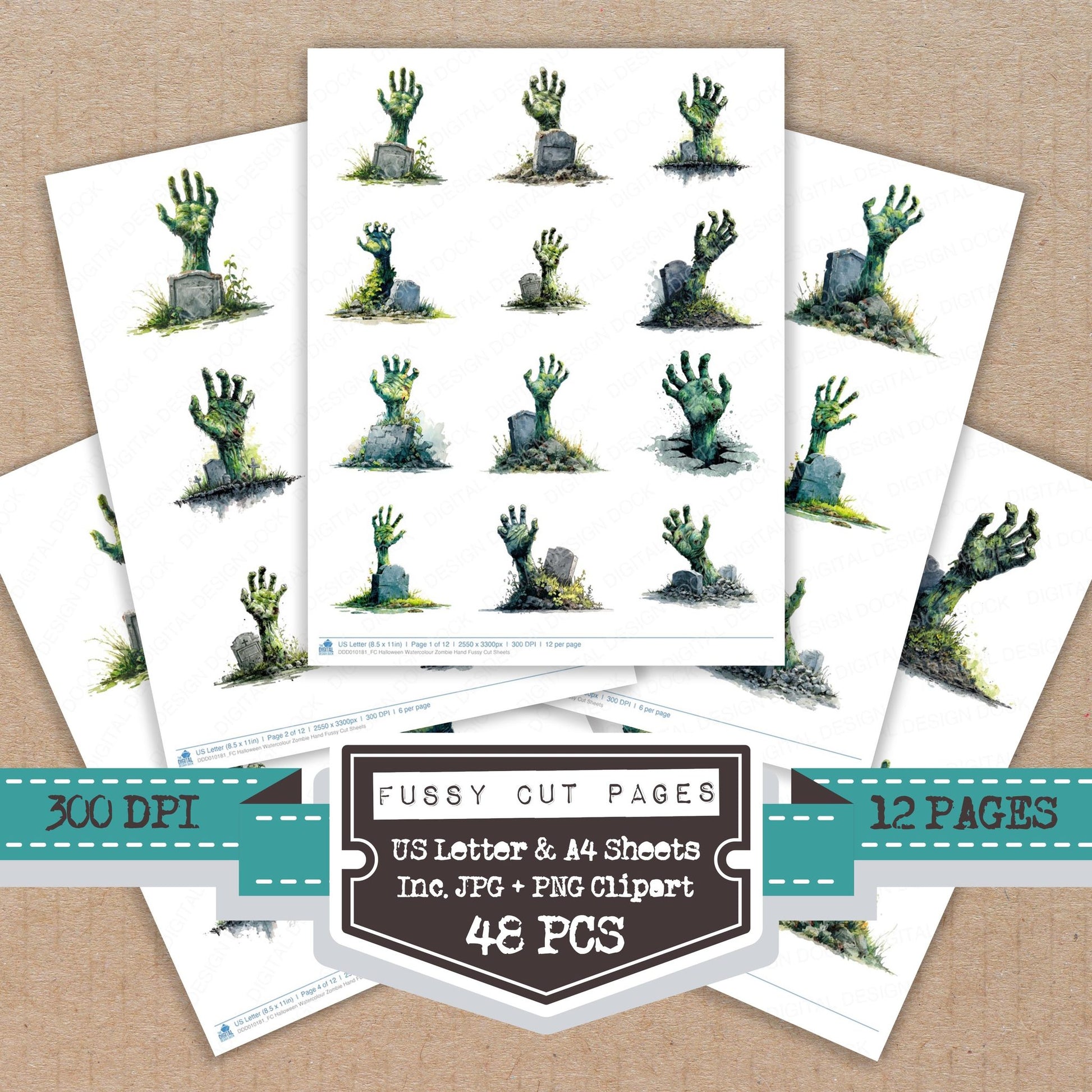 Halloween Watercolour Zombie Hand fussy cut printable sheets for junk journaling, scrapbooking, and paper craft projects