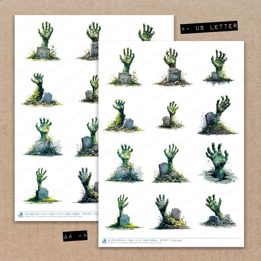 A4 and US Letter format comparison showing Halloween Watercolour Zombie Hand fussy cut pages for print and cut crafting