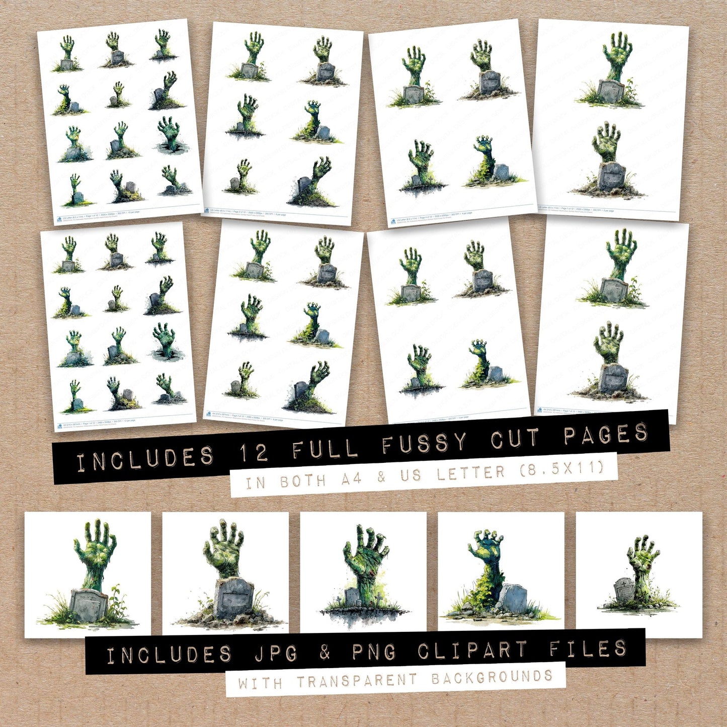 Full collection view of Halloween Watercolour Zombie Hand fussy cut sheets with bonus clipart JPG and PNG files