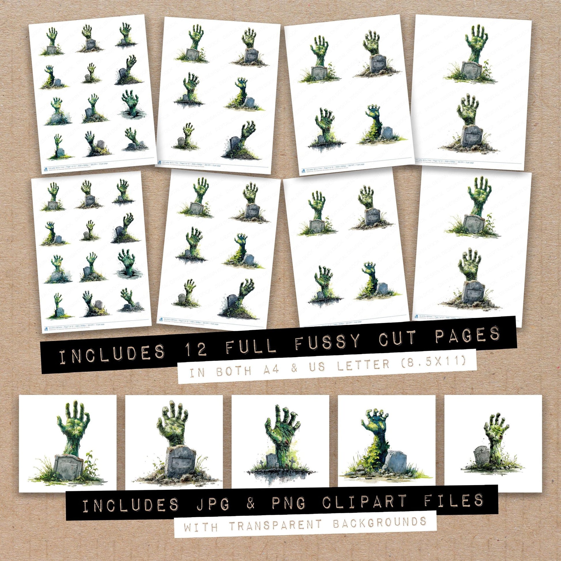 Full collection view of Halloween Watercolour Zombie Hand fussy cut sheets with bonus clipart JPG and PNG files