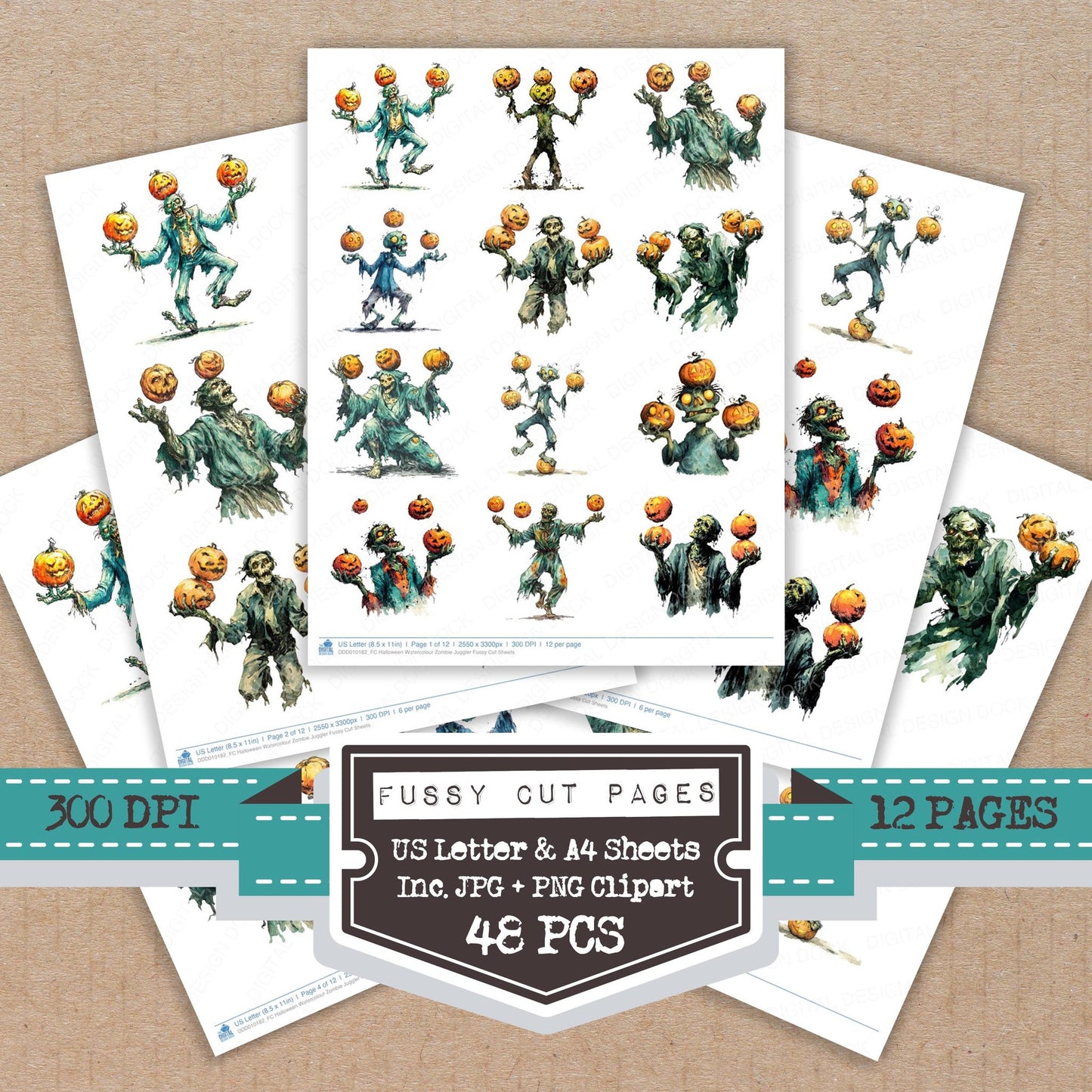 Halloween Watercolour Zombie Juggler fussy cut printable sheets for junk journaling, scrapbooking, and paper craft projects